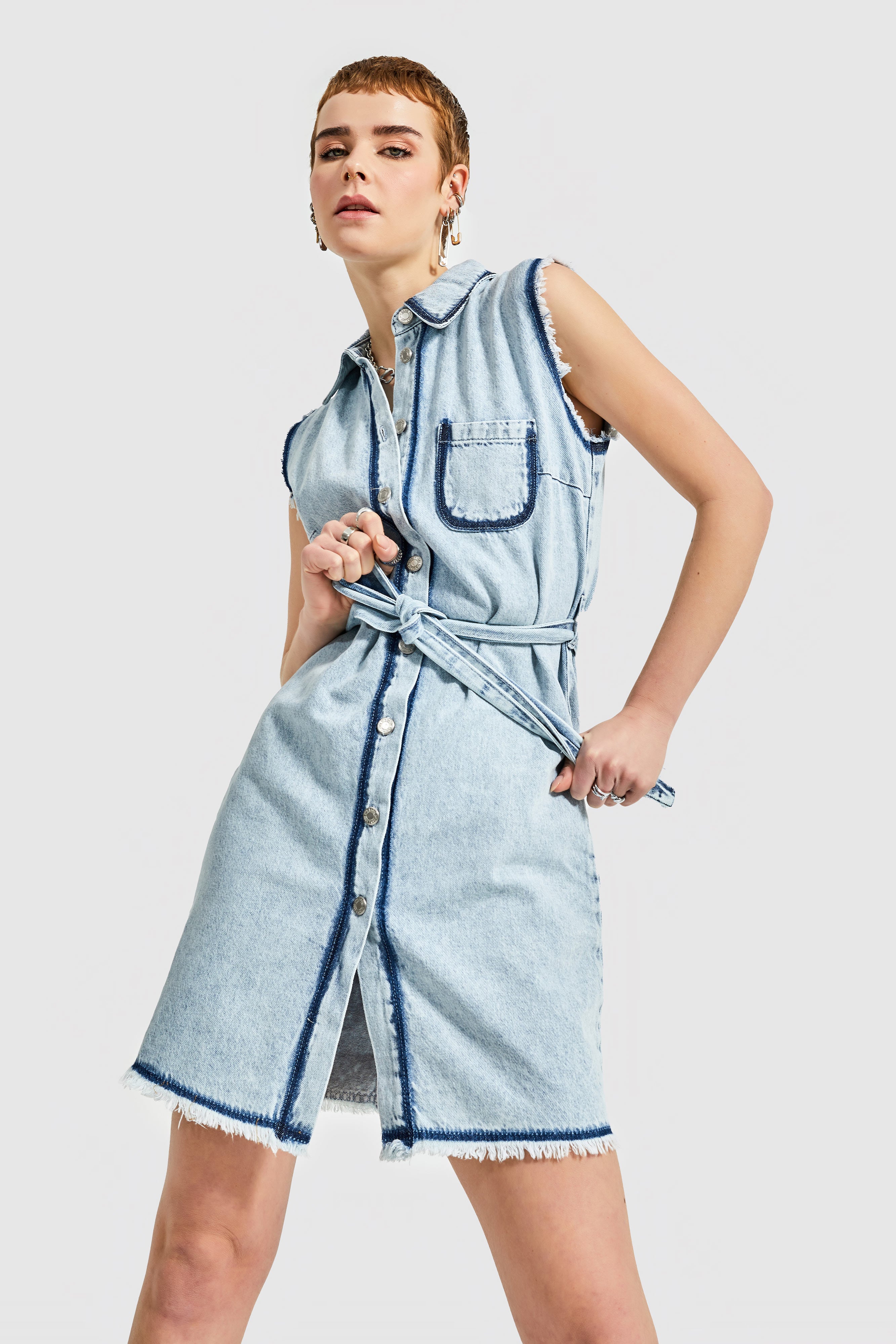 Women Snow Jeans Color Special Denim Fabric Belted Mini Denim Dress