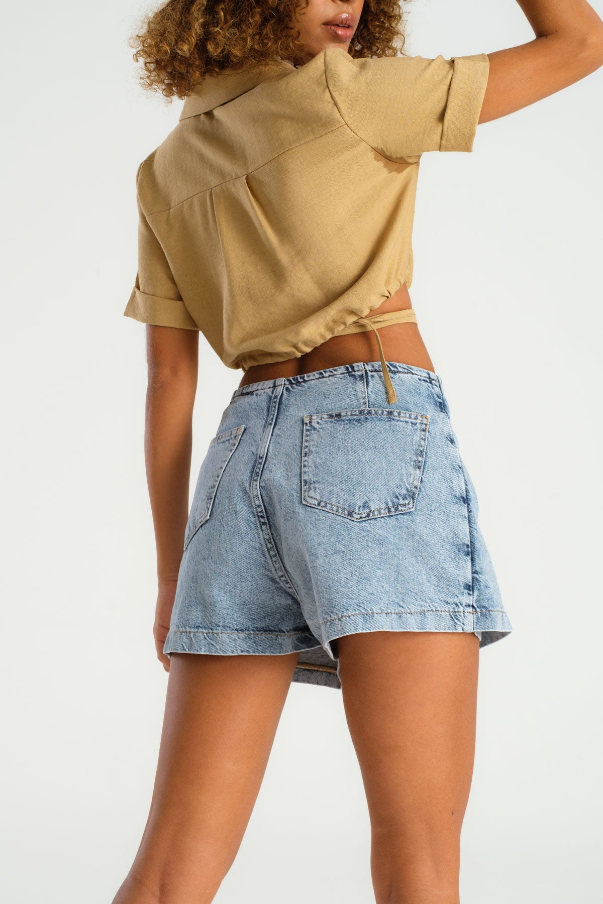 Women Snow Denim Color Side Laced Jean Shorts Skirt