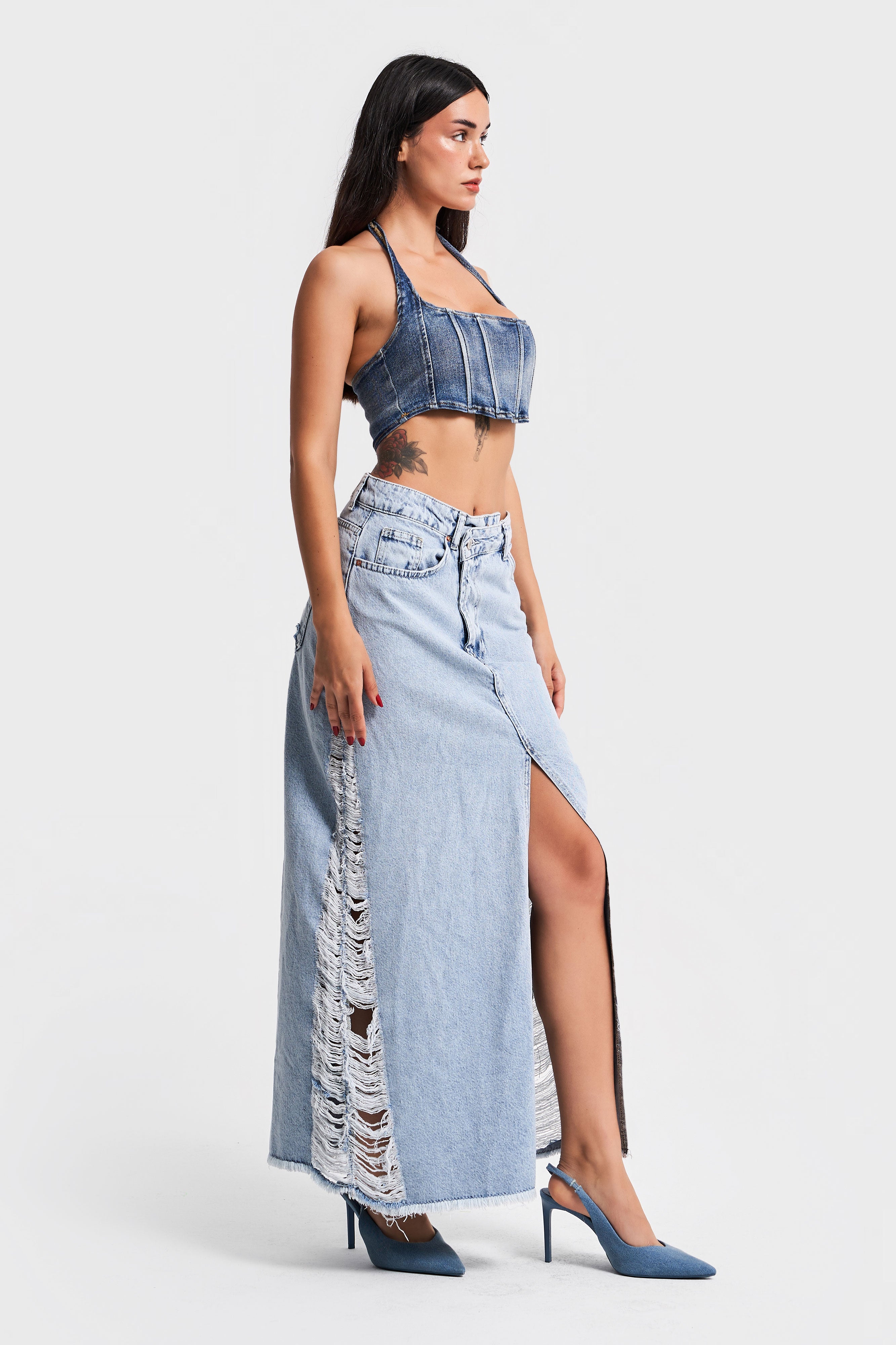 Women's Snow Denim Color Side Ripped Detail Maxi Length Denim Skirt