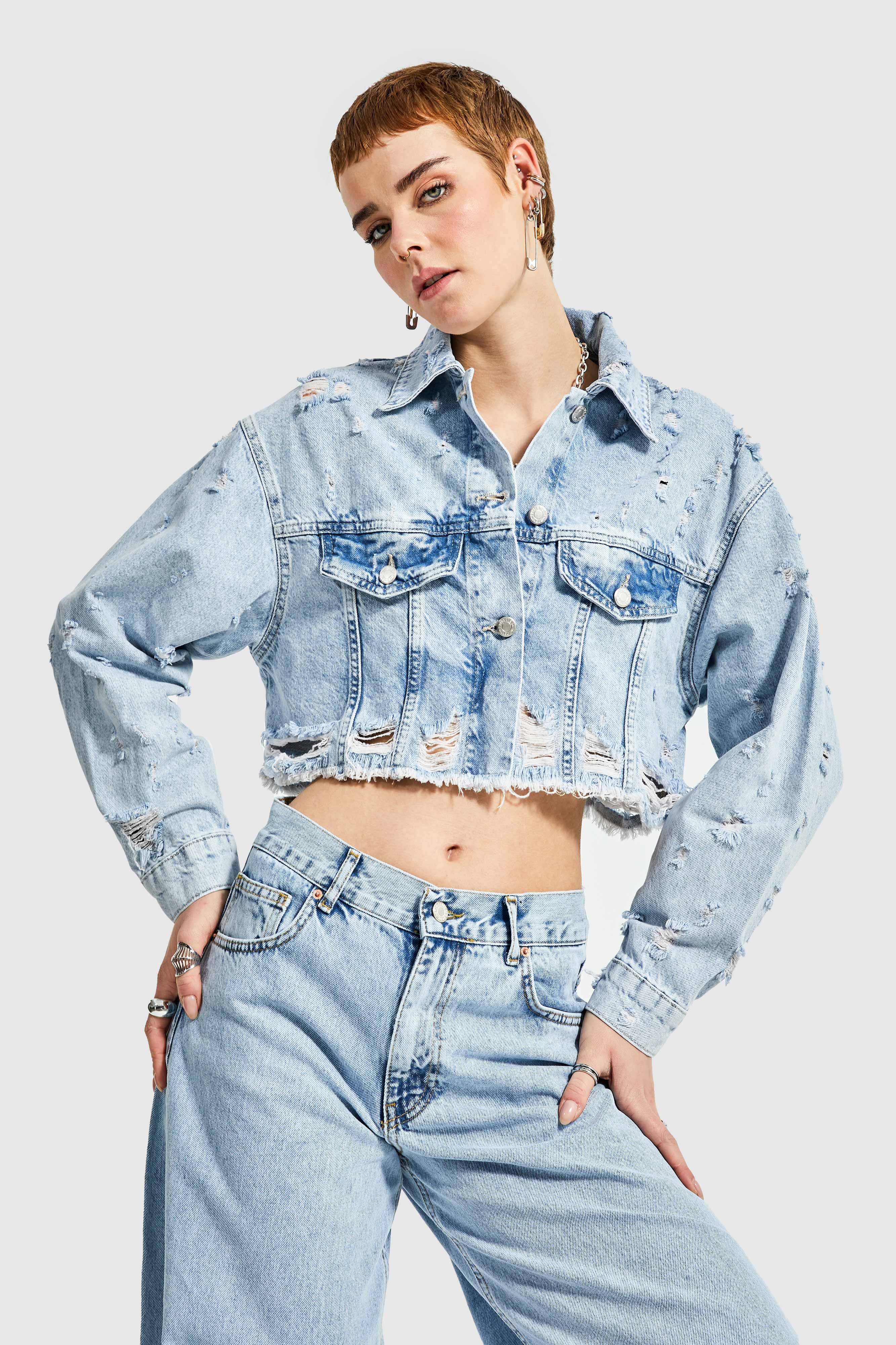 Women's Snow Denim Color Ripped Detail Crop Jacket