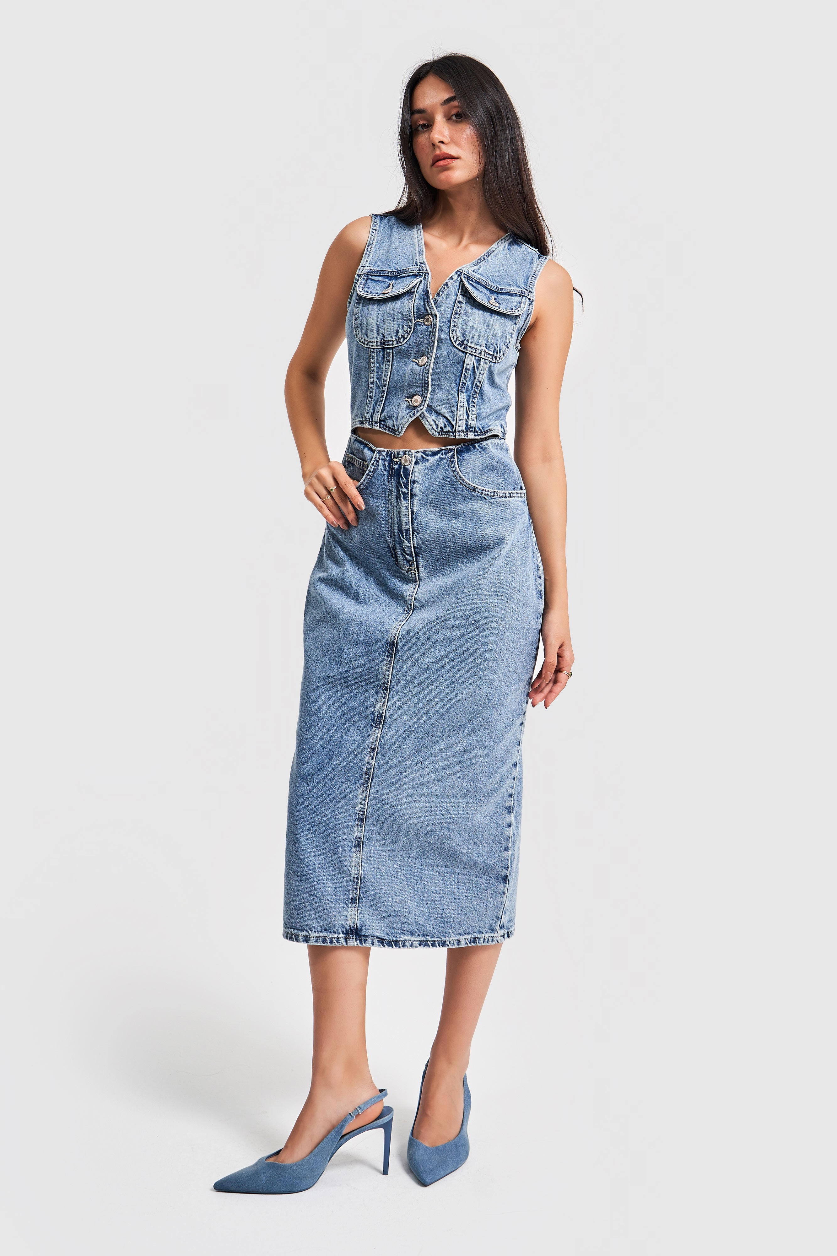 Women's Snow Denim Color Slit Detailed Denim Dress