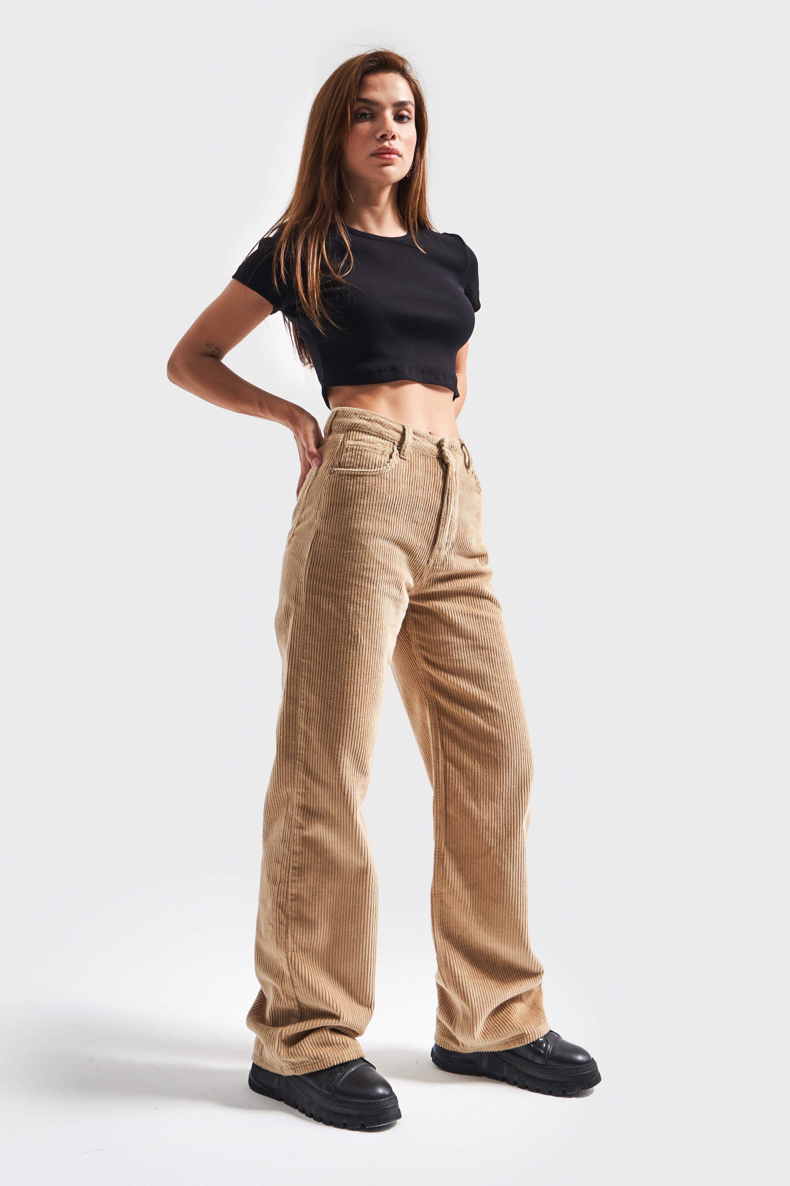 Women's Milky Coffee Color 26w459 Thick Corduroy Fabric Trousers