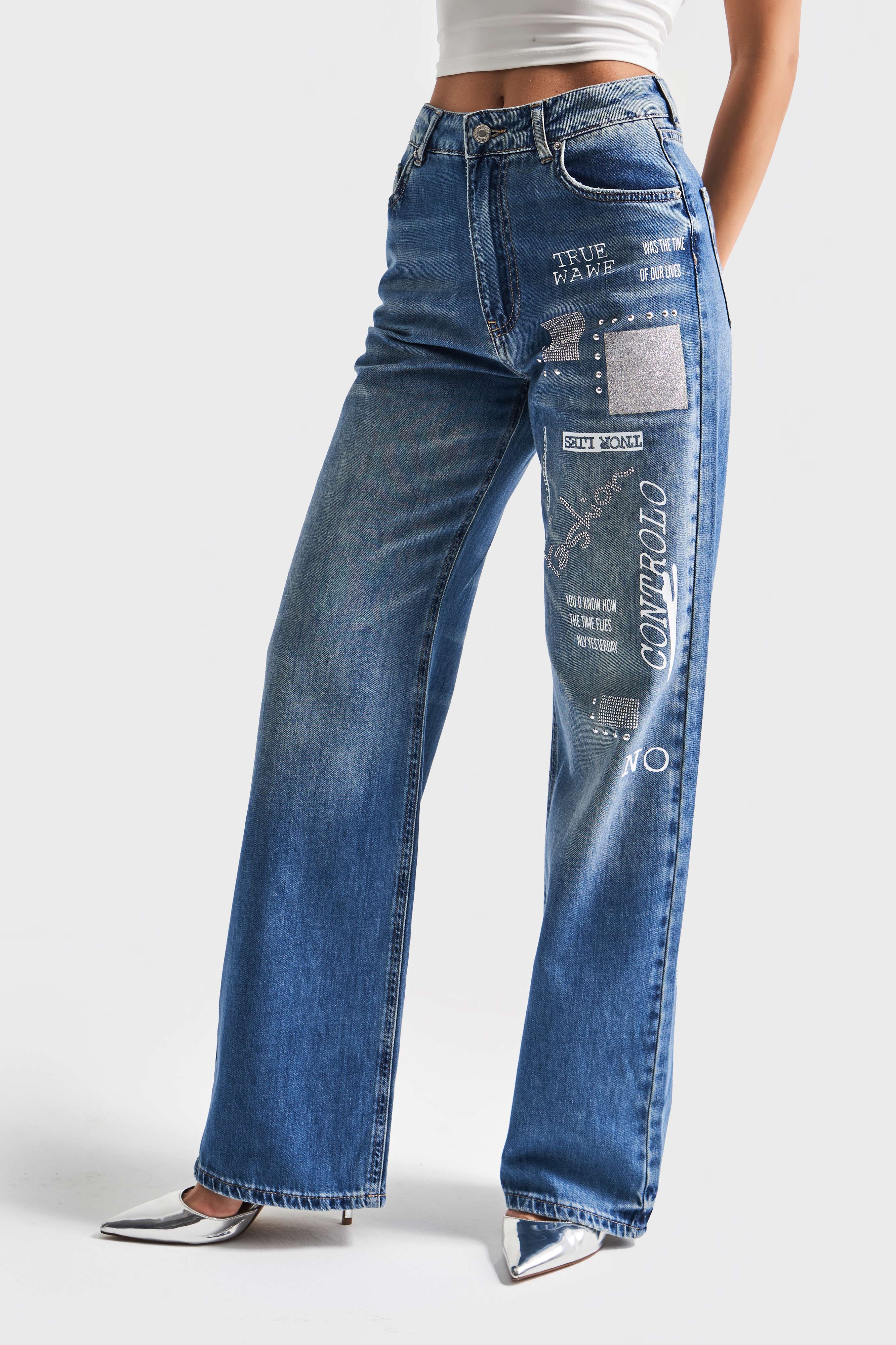 Kadın T.Kot Rengi 2S5-72 Baskılı Parlak Taşlı Straight Fit %100 Koton Tasarım Denim Jean