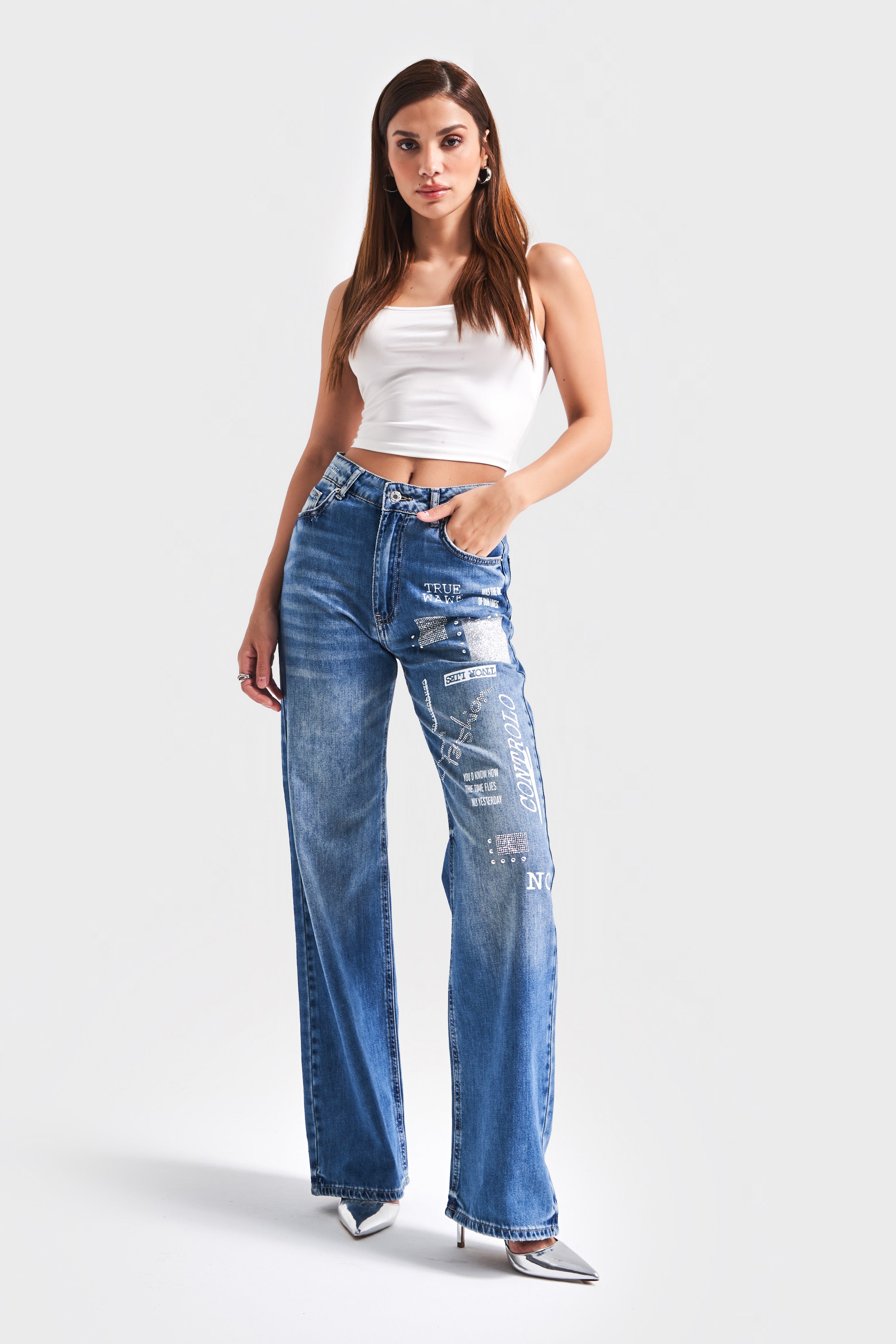 Women's T.Jeans Color 2S5-72 Printed Shiny Stone Straight Fit 100% Cotton Design Denim Jeans