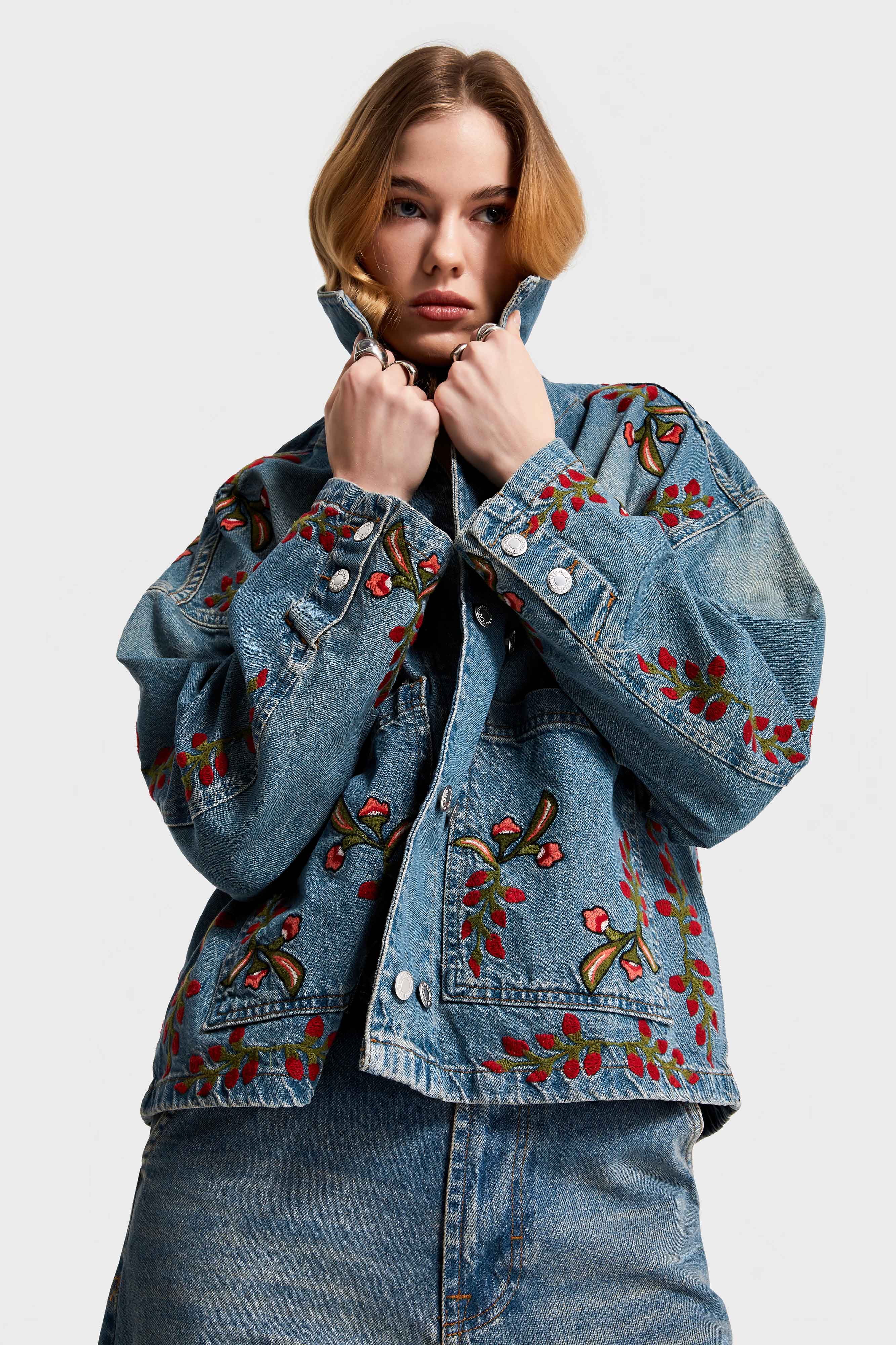 Women's T.Jeans Color 2S566 Floral Embroidered Oversize Design Denim Jacket