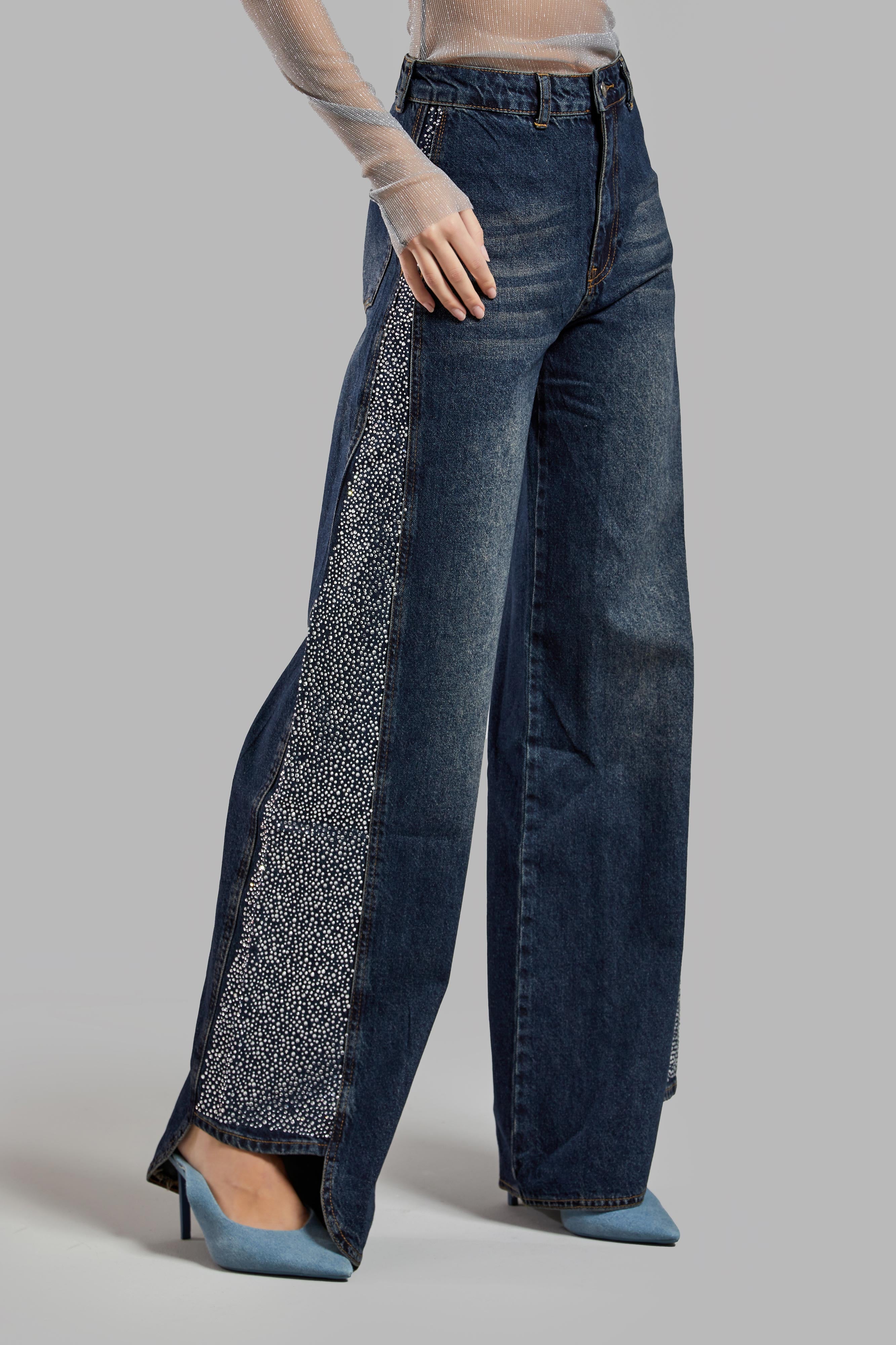 Kadın T.Kot Rengi 2w49 Parlak Taş Detaylı Wide Leg Fit Tasarım Denim