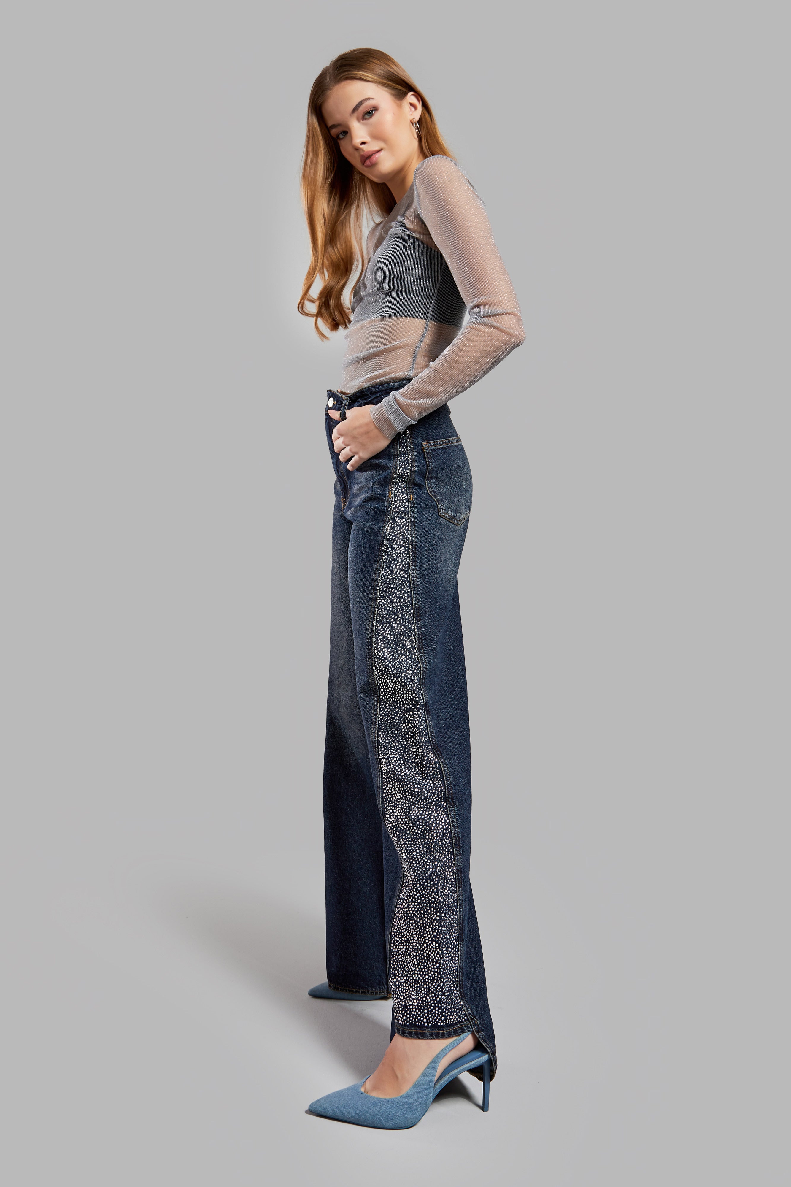 Kadın T.Kot Rengi 2w49 Parlak Taş Detaylı Wide Leg Fit Tasarım Denim