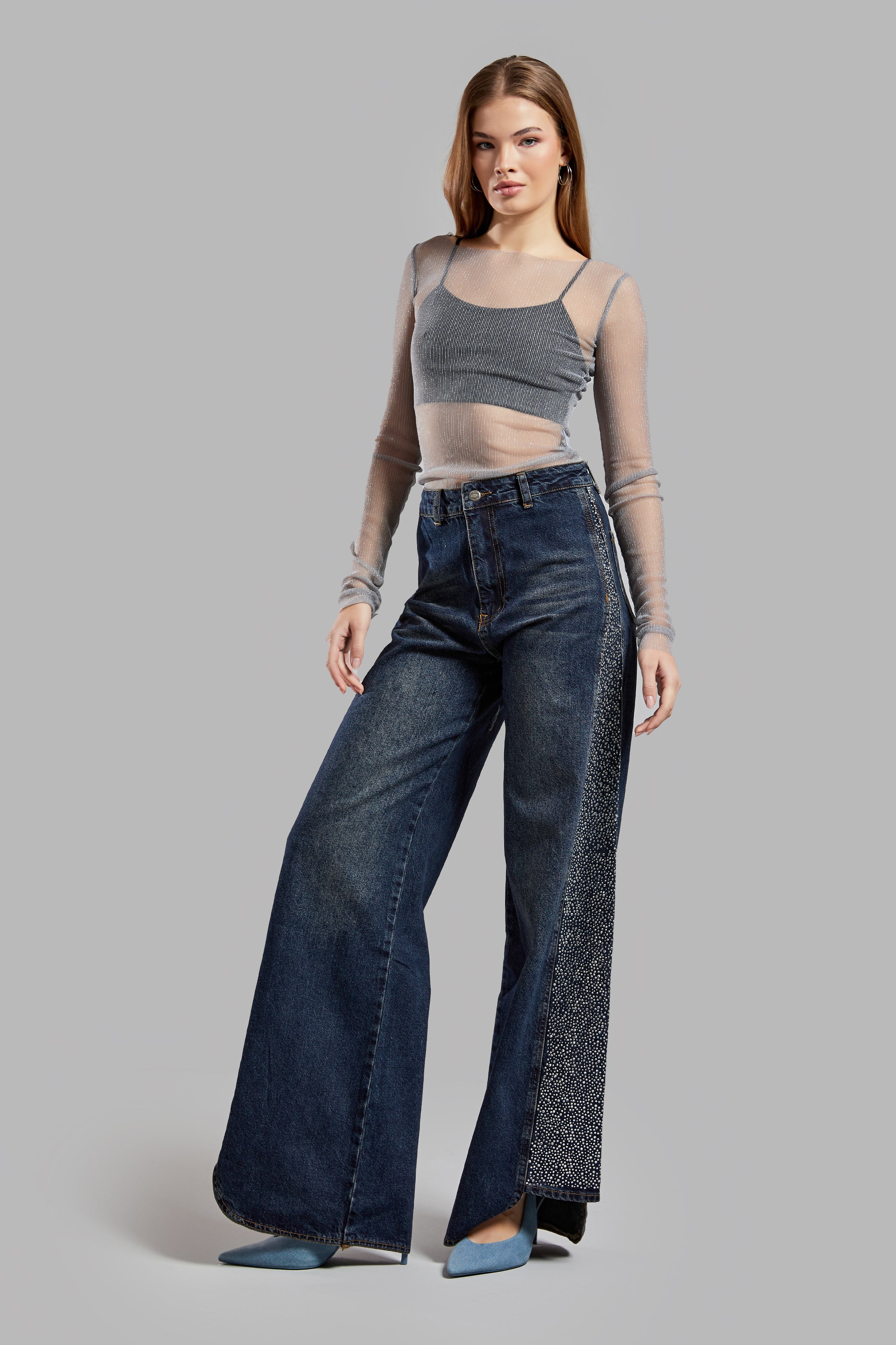 Women's T.Jeans Color 2w49 Shiny Stone Detailed Wide Leg Fit Design Denim