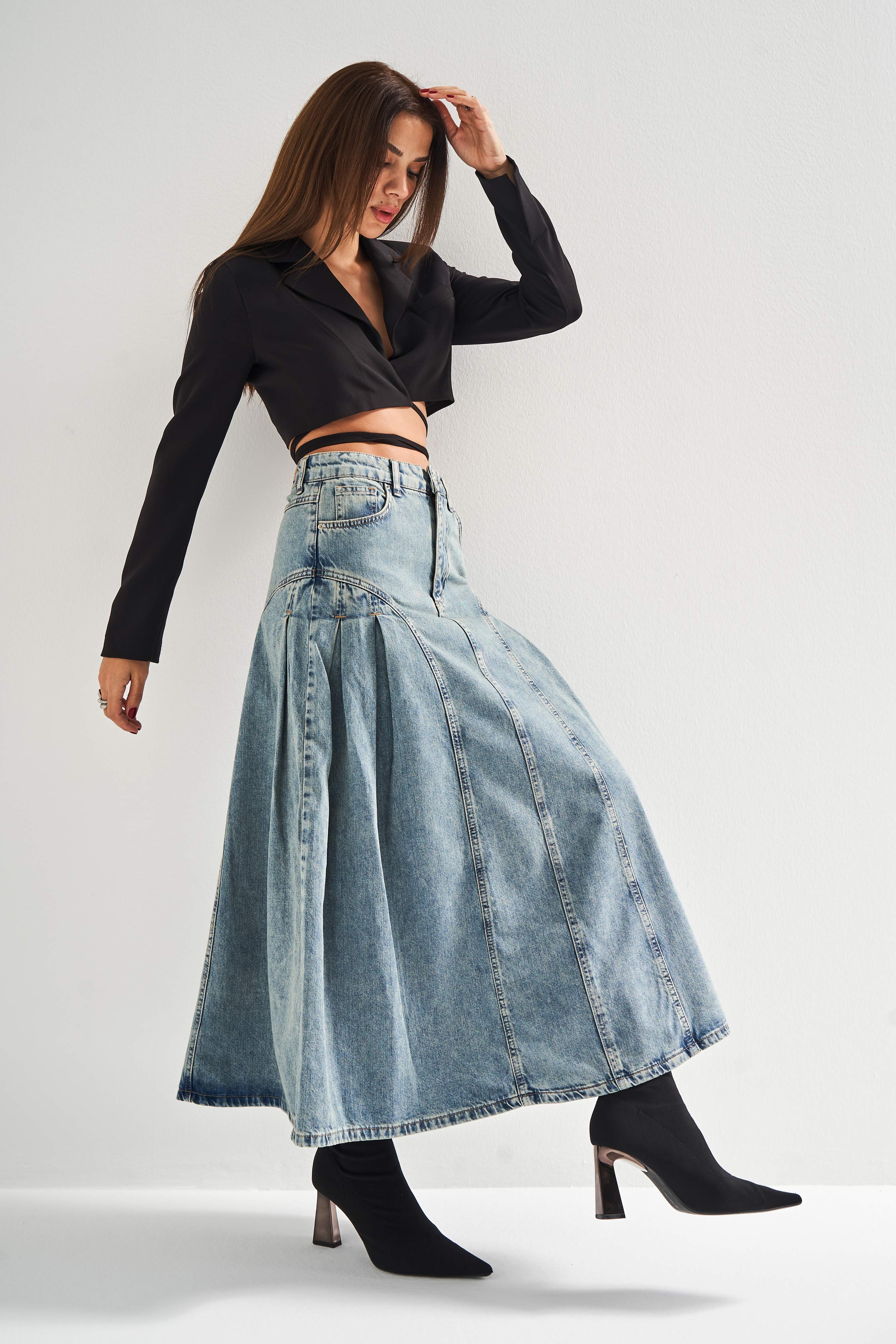 Women's T.Cotton Color 3S5-65 Pleated Viscose Blend Design Denim Skirt