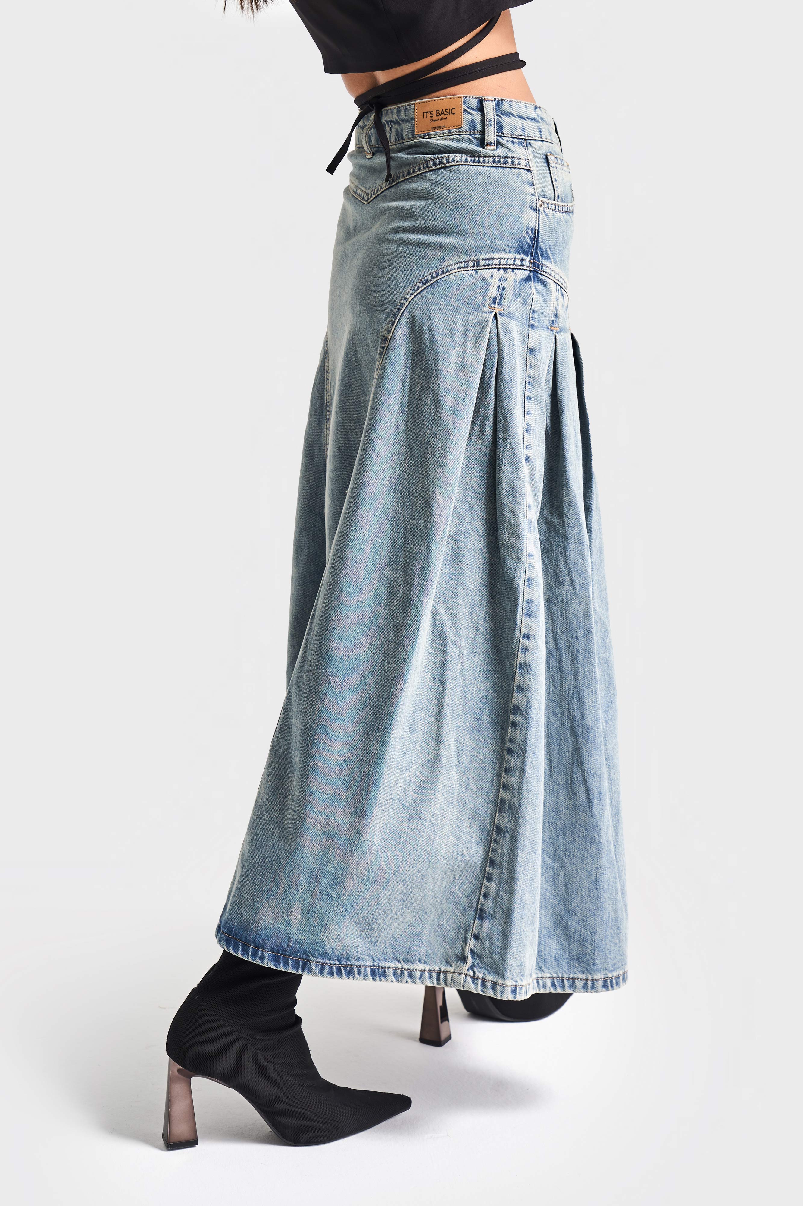 Women's T.Cotton Color 3S5-65 Pleated Viscose Blend Design Denim Skirt