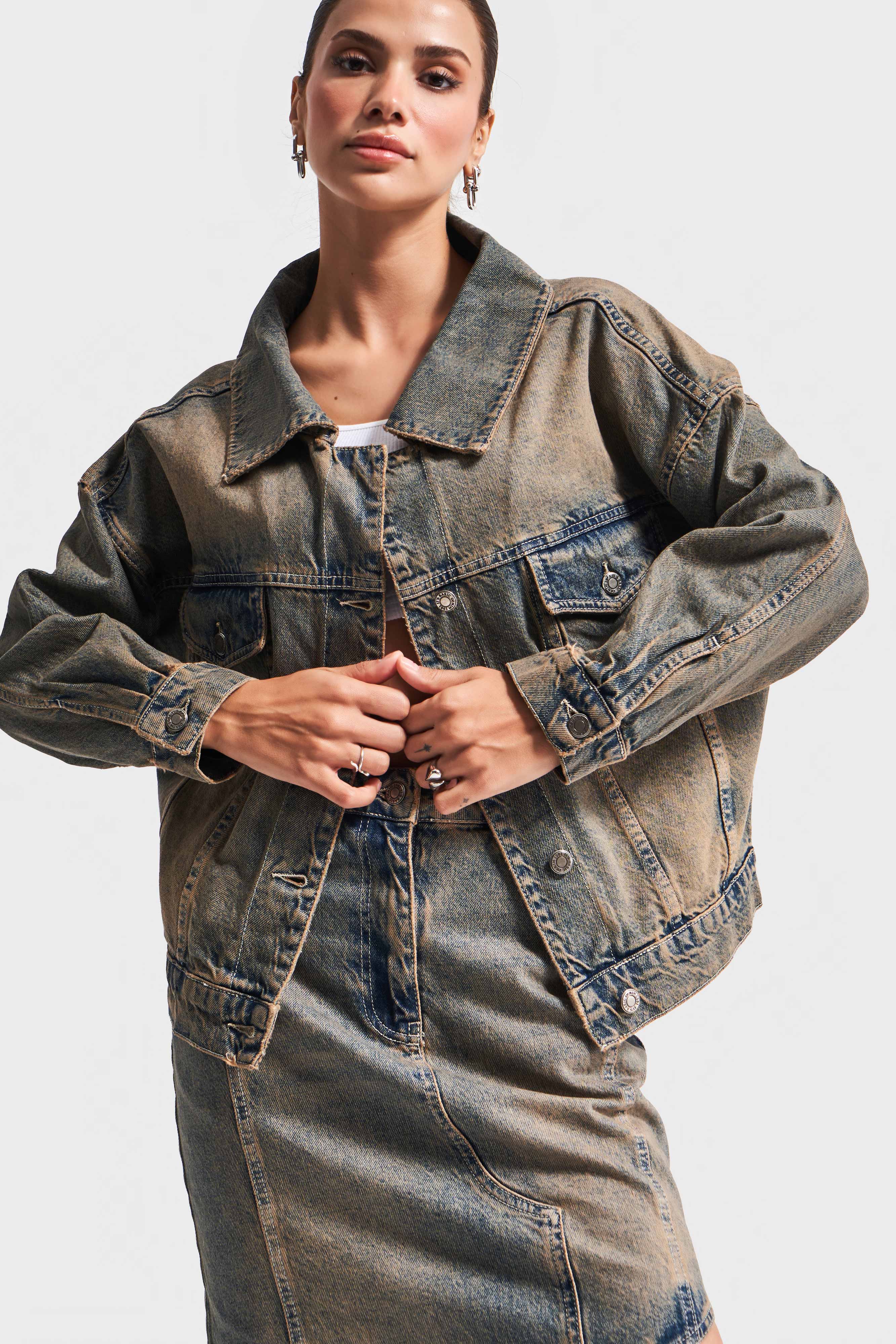 Women's T.Jeans Color Loose Cut Wide Collar Denim Jacket