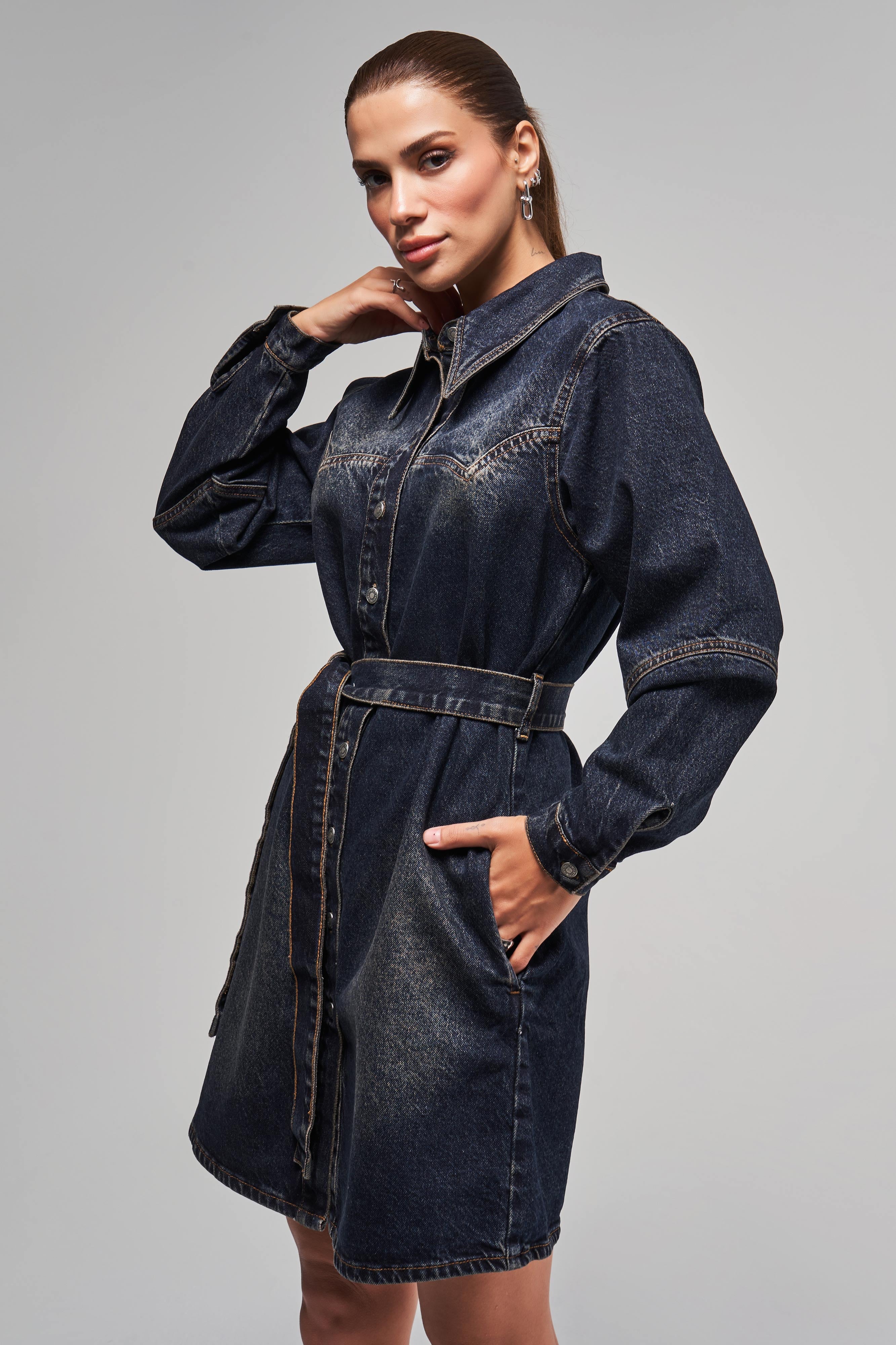 Women's T.Jeans Color Belt Detailed Front Buttoned Denim Dress