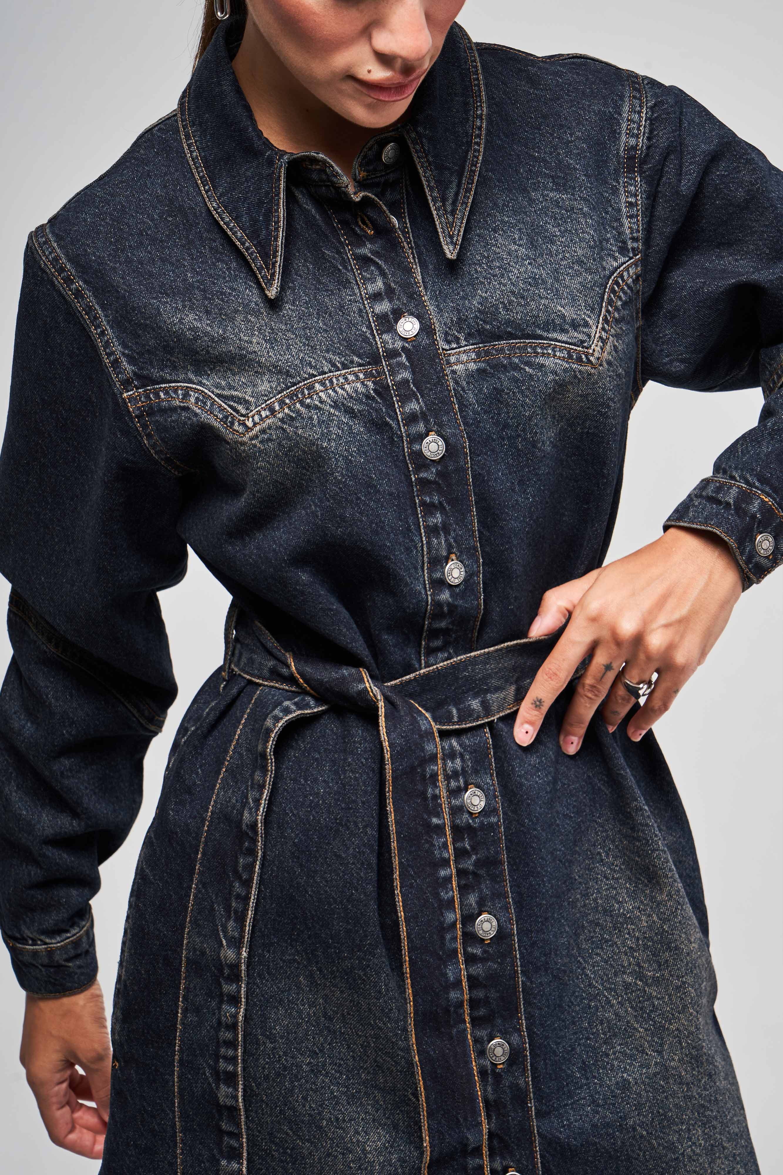 Women's T.Jeans Color Belt Detailed Front Buttoned Denim Dress