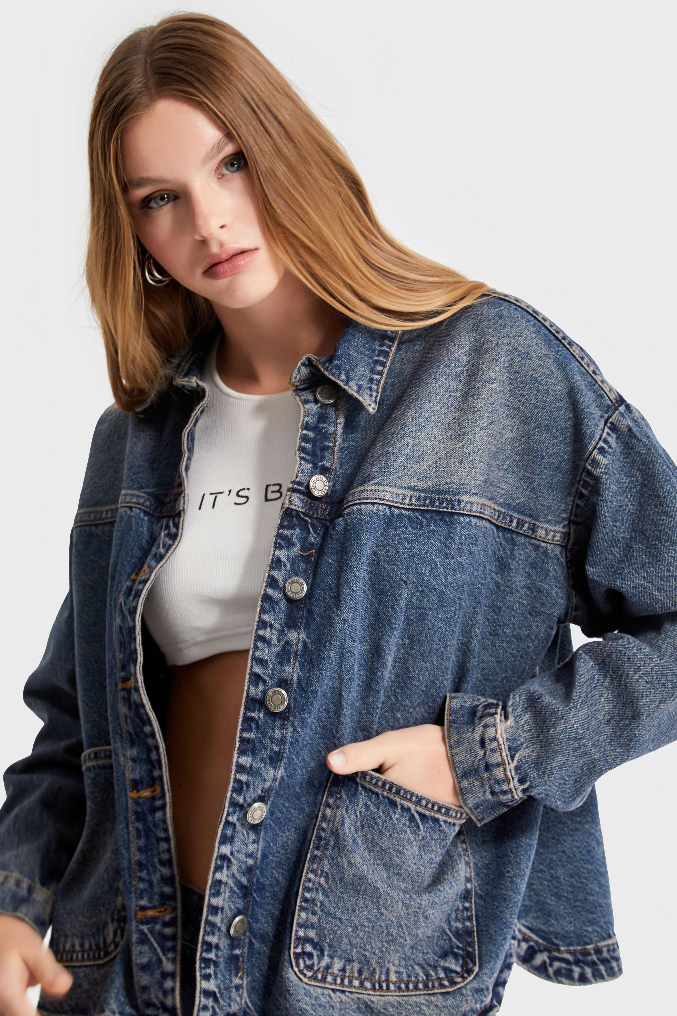 Kadın T.Kot Rengi Oversize Cepli Denim Ceket