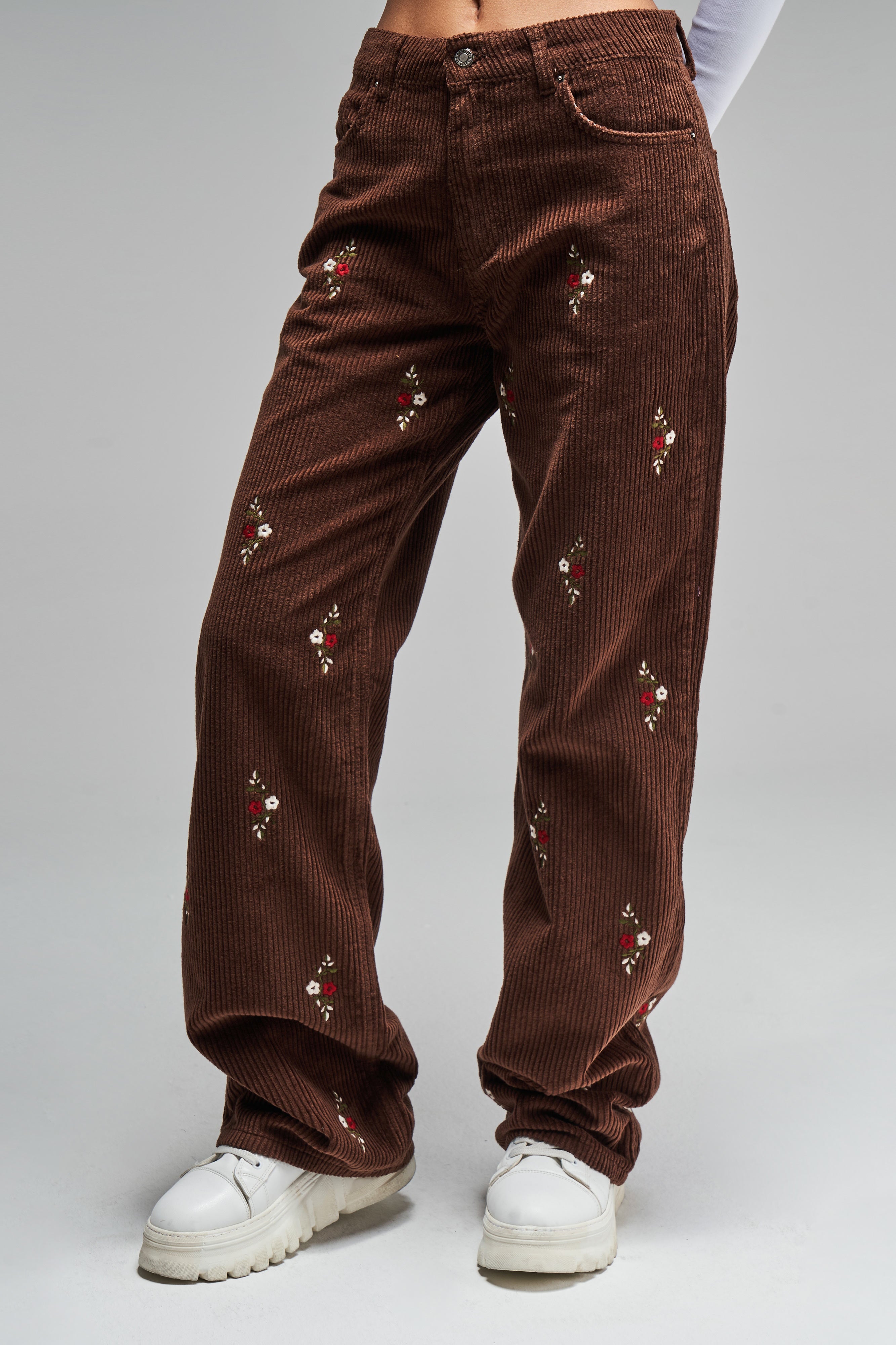 Women's Tan Color 7w442 Loose Fit Embroidered Corduroy Trousers