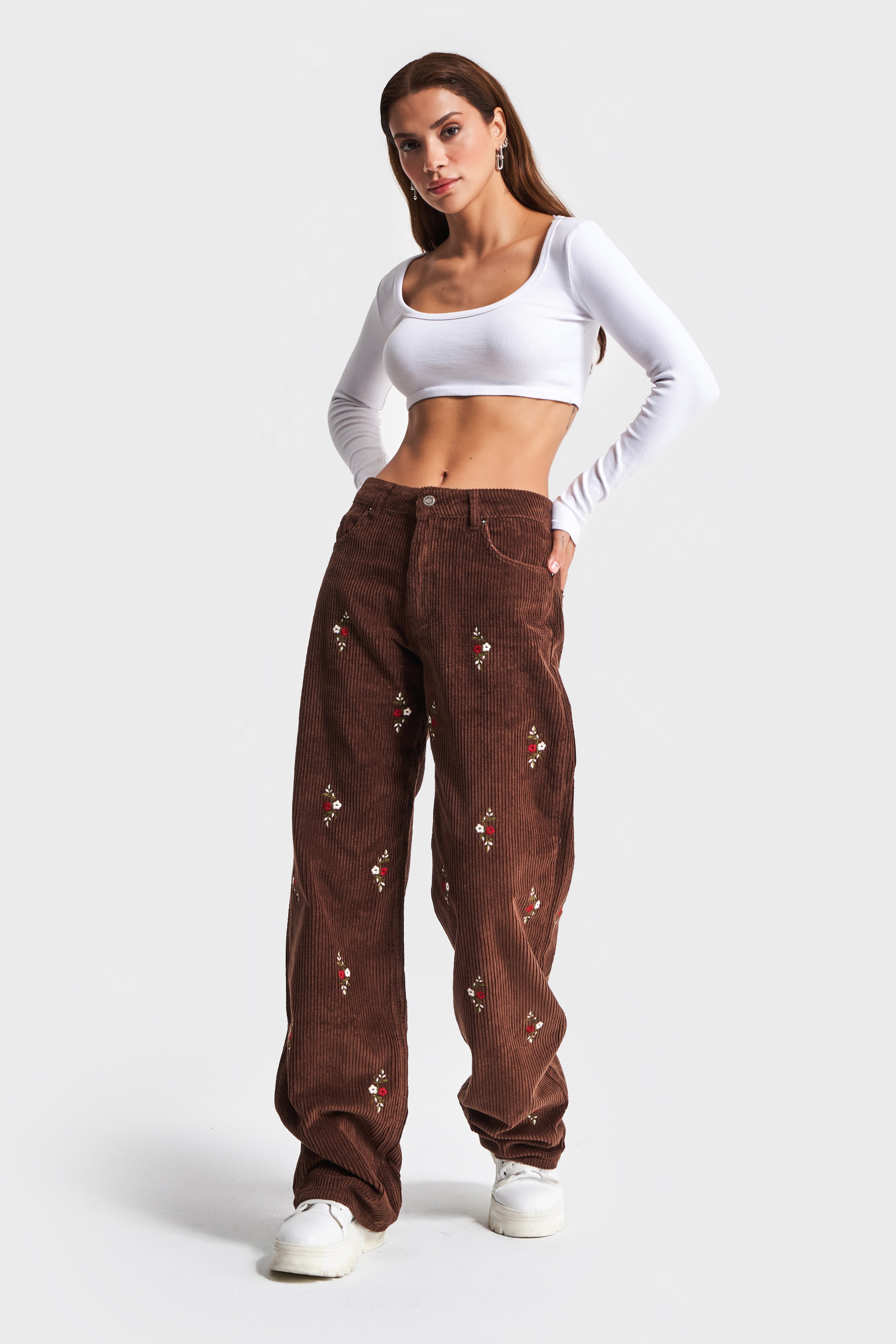 Women's Tan Color 7w442 Loose Fit Embroidered Corduroy Trousers