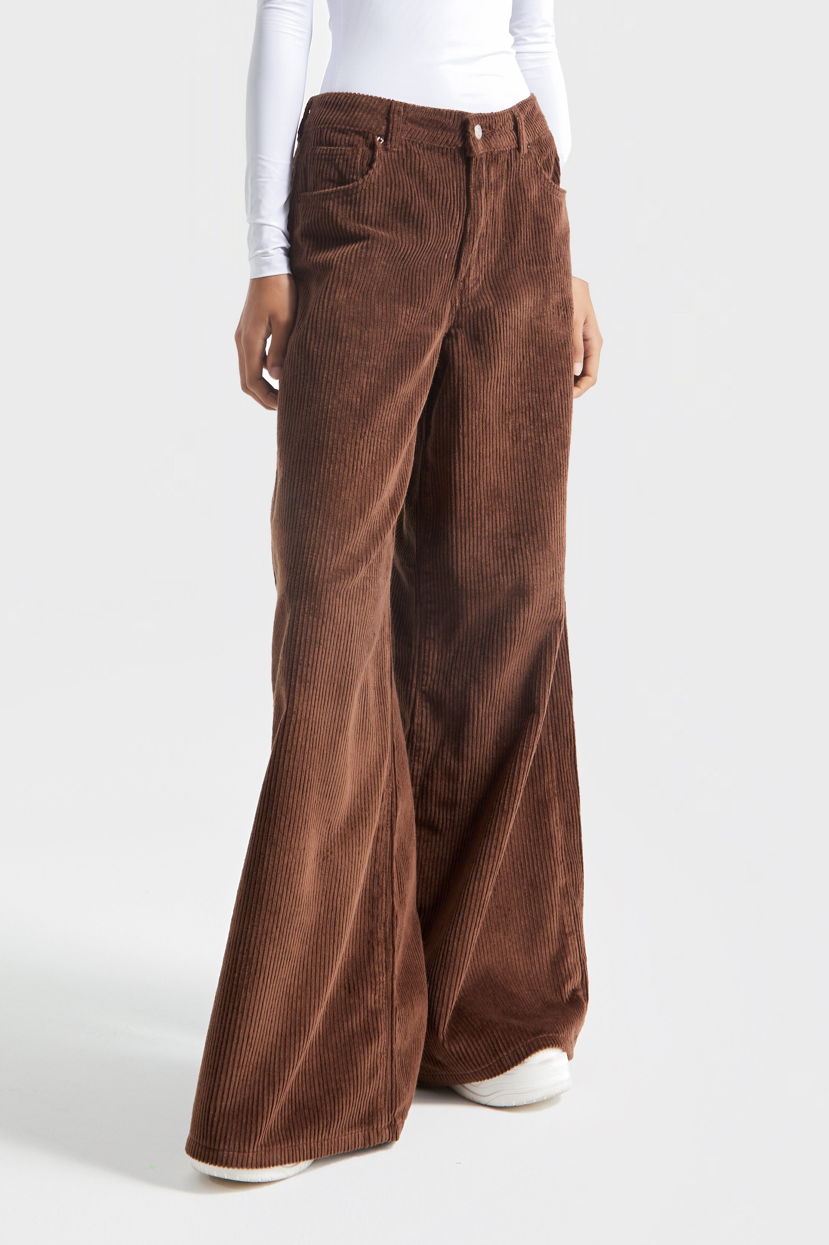 Women's Tan Color Thick Corduroy Fabric Palazzo Fit Trousers