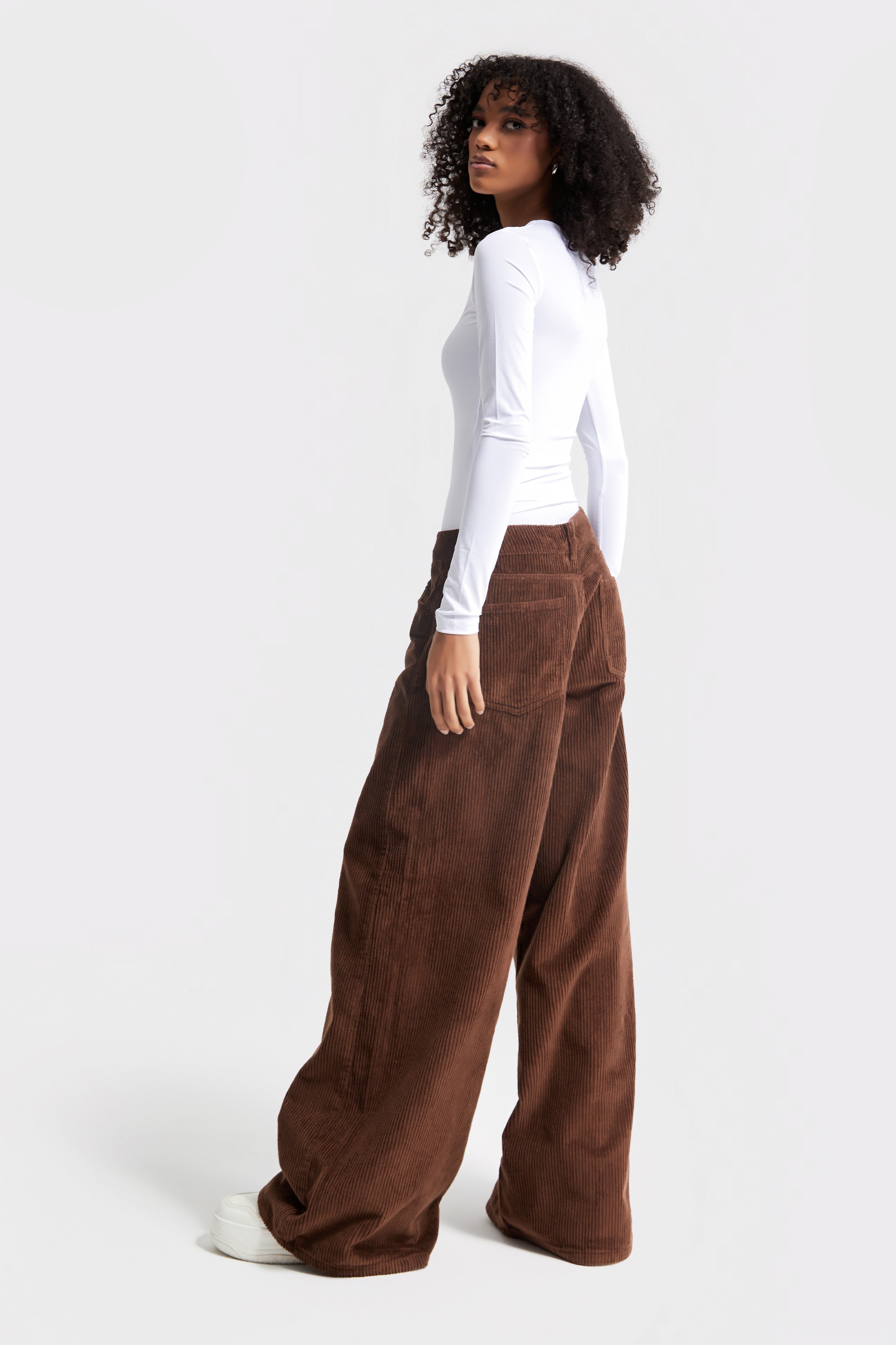 Women's Tan Color Thick Corduroy Fabric Palazzo Fit Trousers