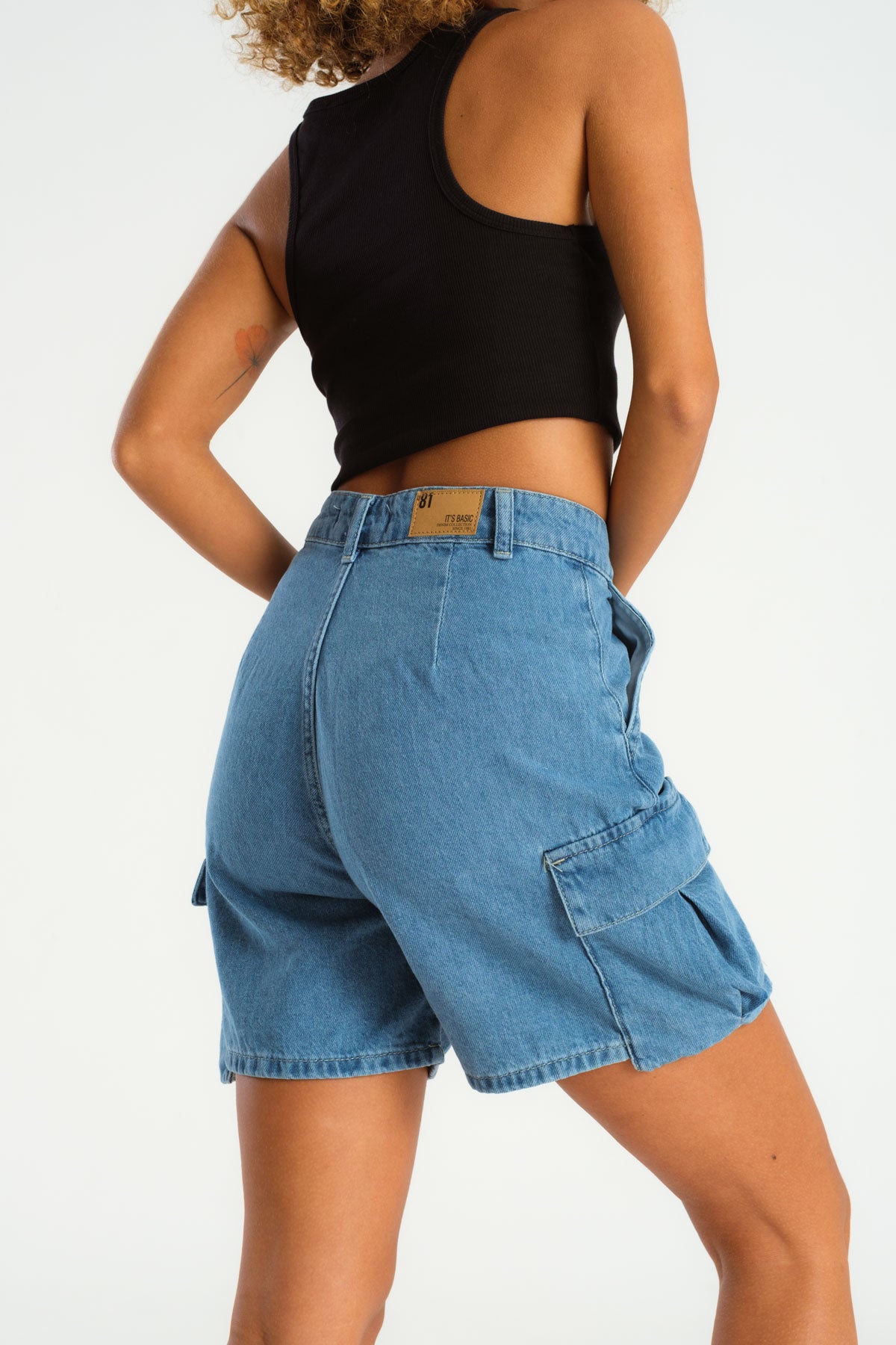 Women's Stone Blue Color Cargo Pocket Denim Shorts