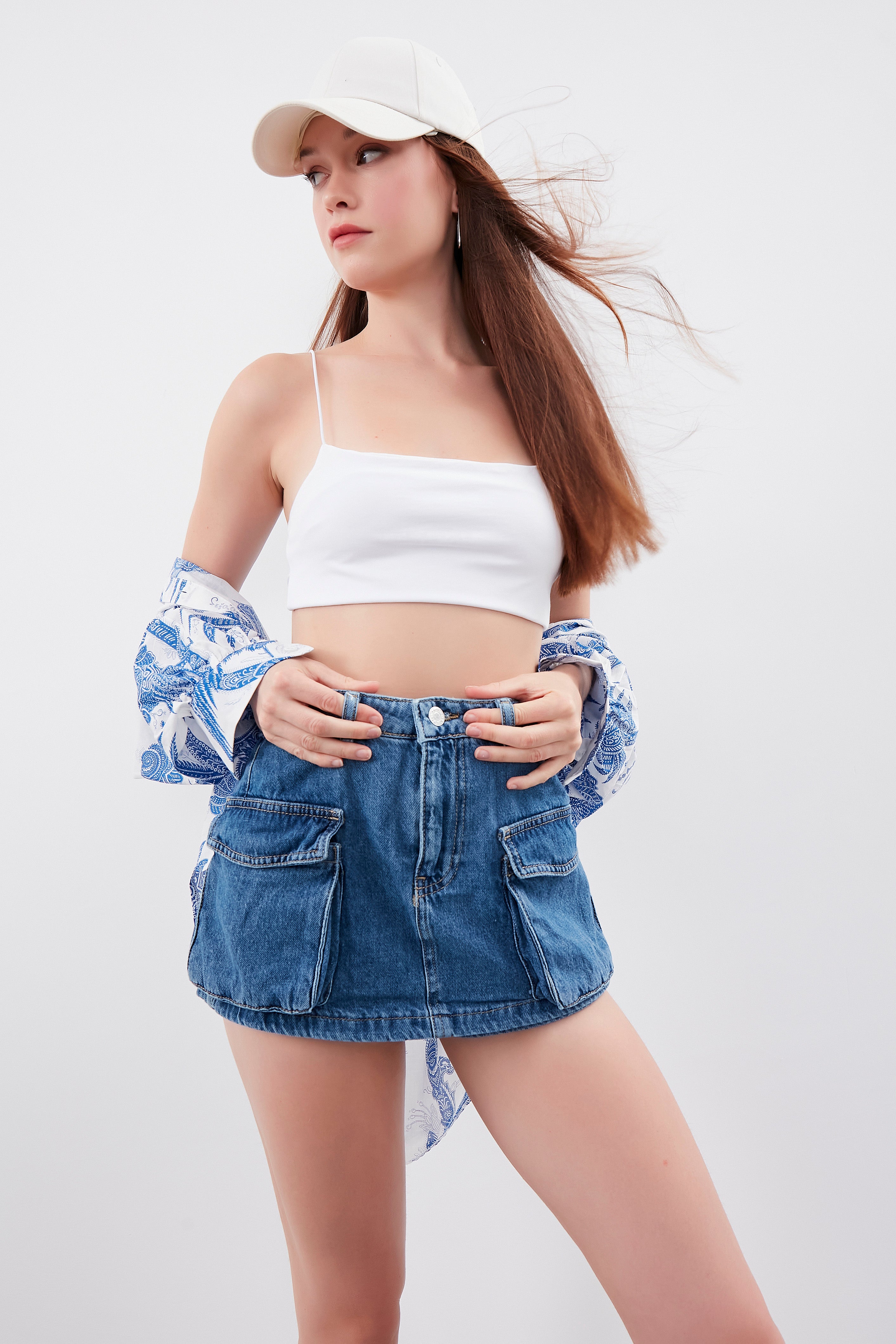 Women's Stone Blue Color Cargo Pocket Denim Shorts Skirt