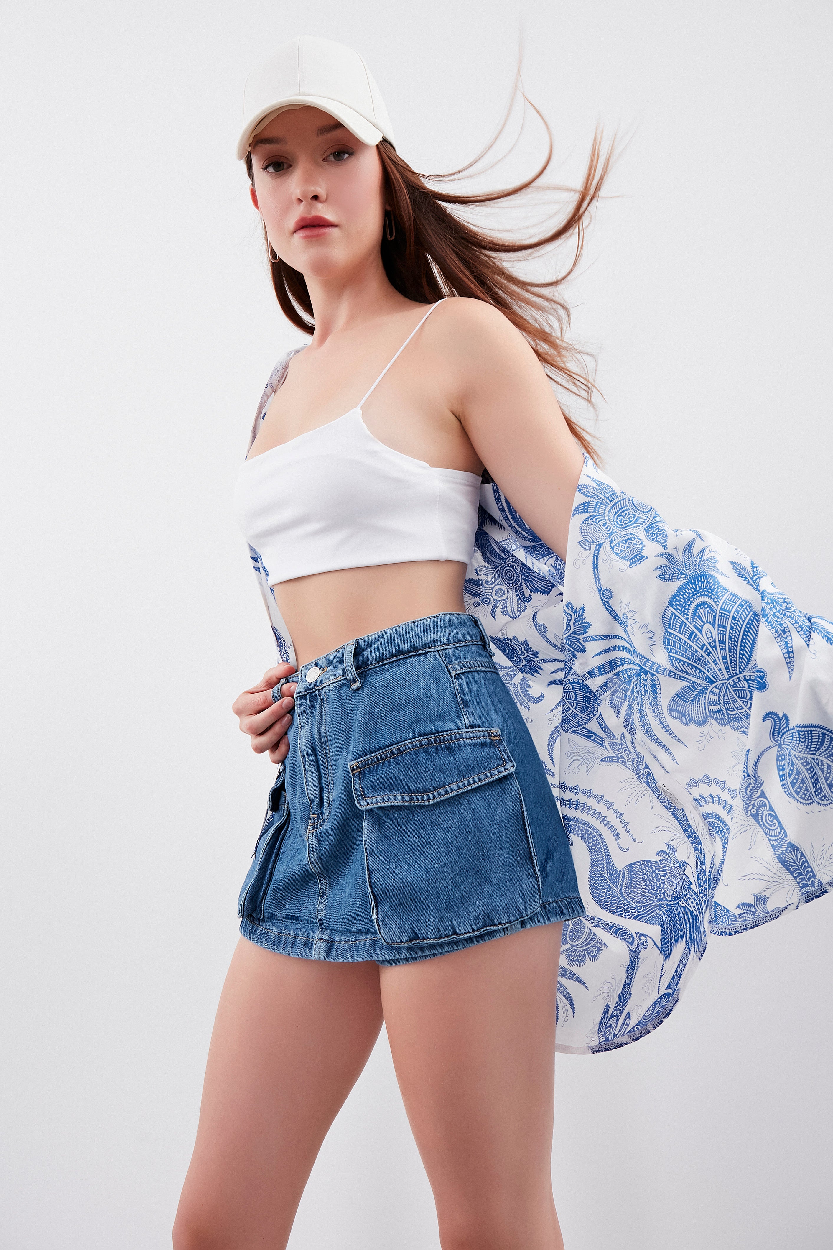 Women's Stone Blue Color Cargo Pocket Denim Shorts Skirt