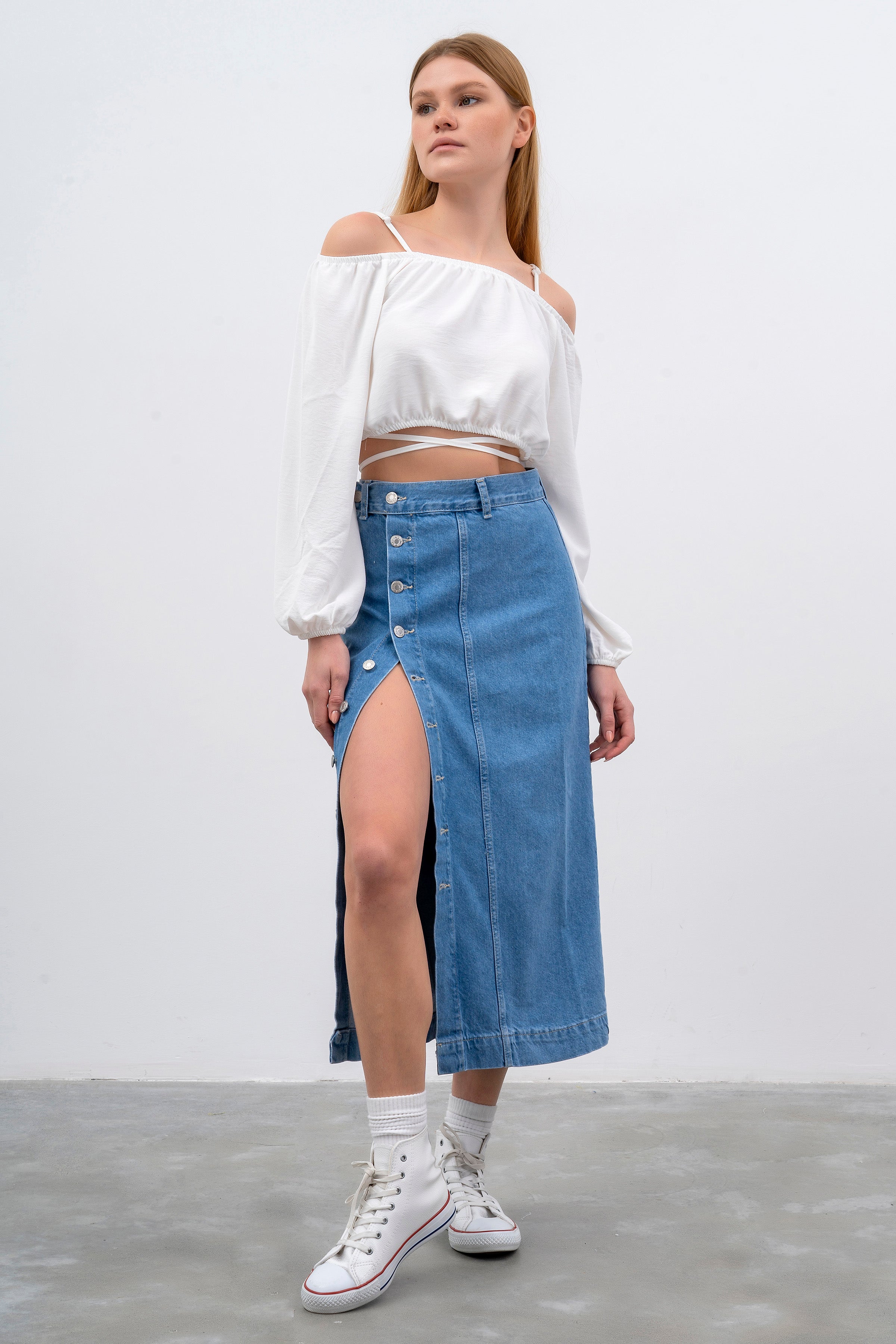 Women's Stone Blue Color Front Buttoned Maxi Length Denim Skirt