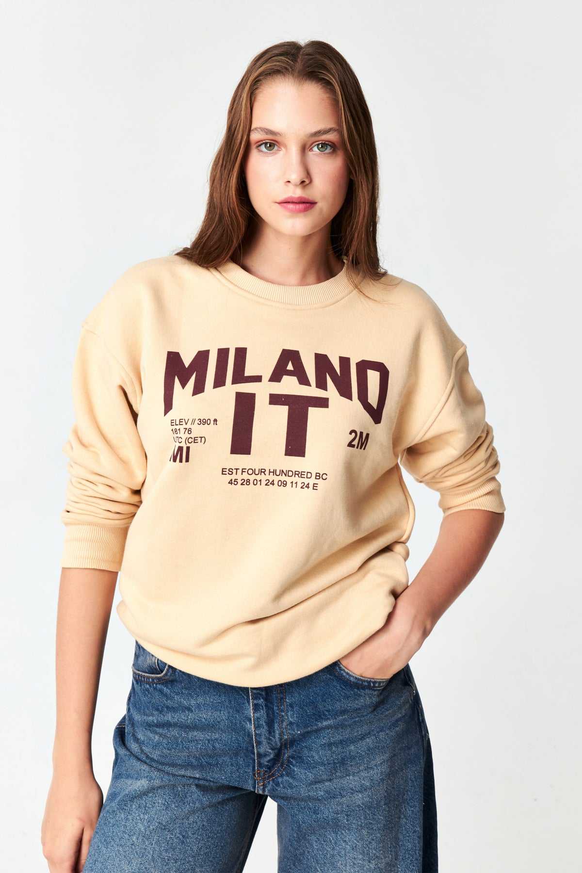 Kadın Taş Rengi Milano Baskılı Oversize Üç İplik Sweatshirt