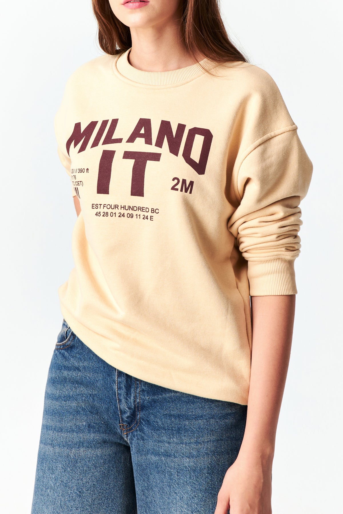 Kadın Taş Rengi Milano Baskılı Oversize Üç İplik Sweatshirt