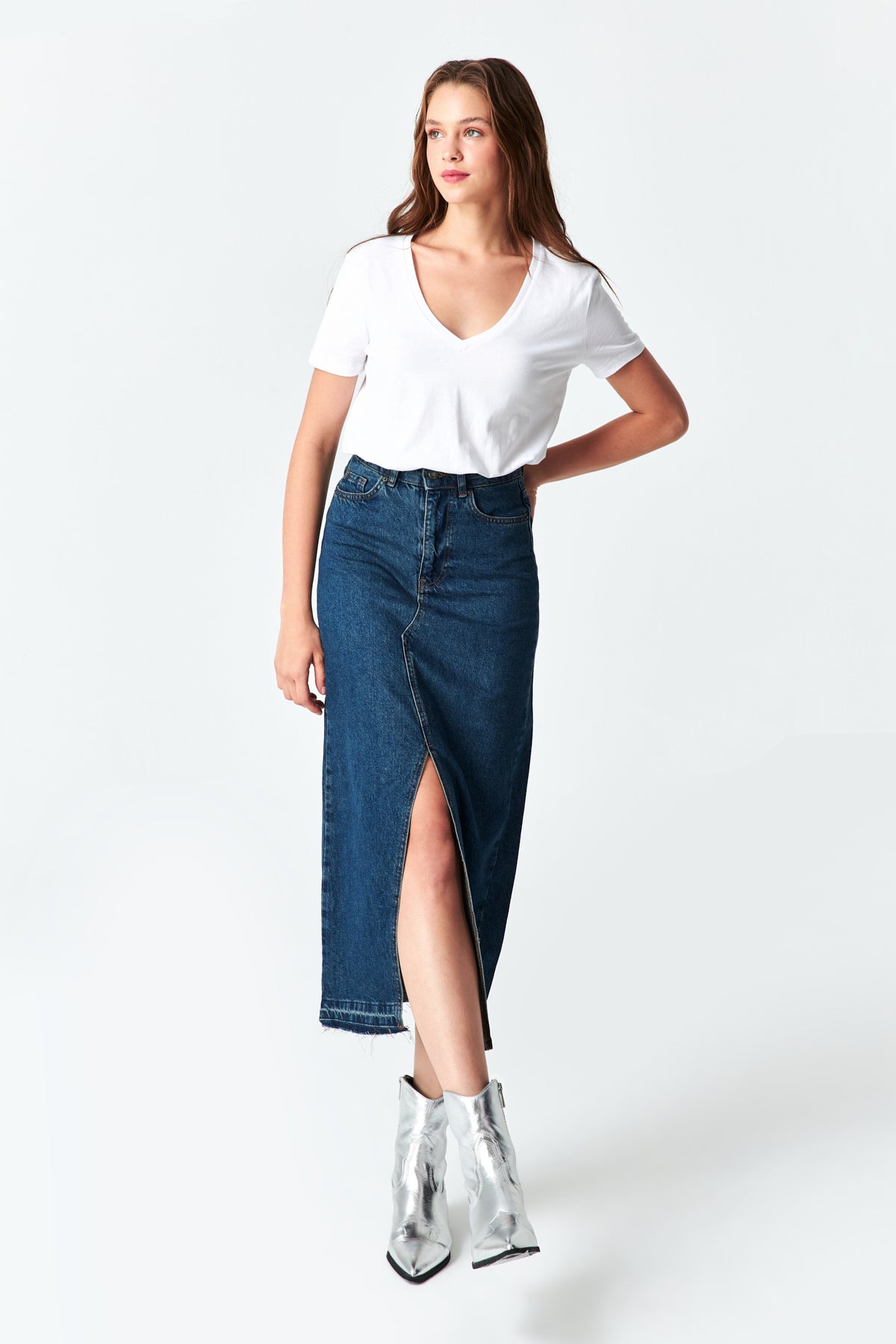 Women's Tint Jeans Color Deep Slit High Waist Long Denim Skirt