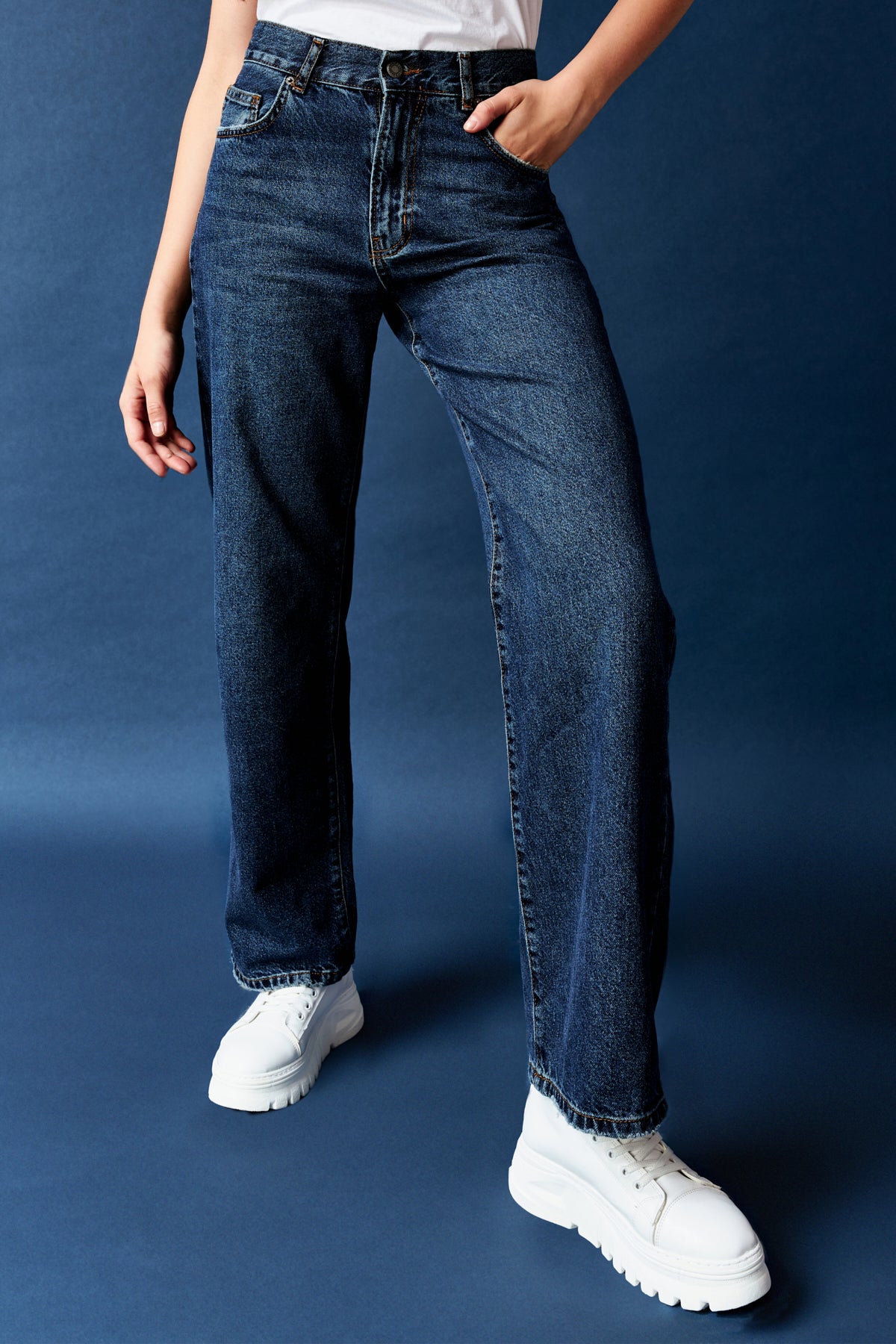 Kadın Tint Kot Rengi %100 Koton Loose Fit Orta Bel Denim Pantolon