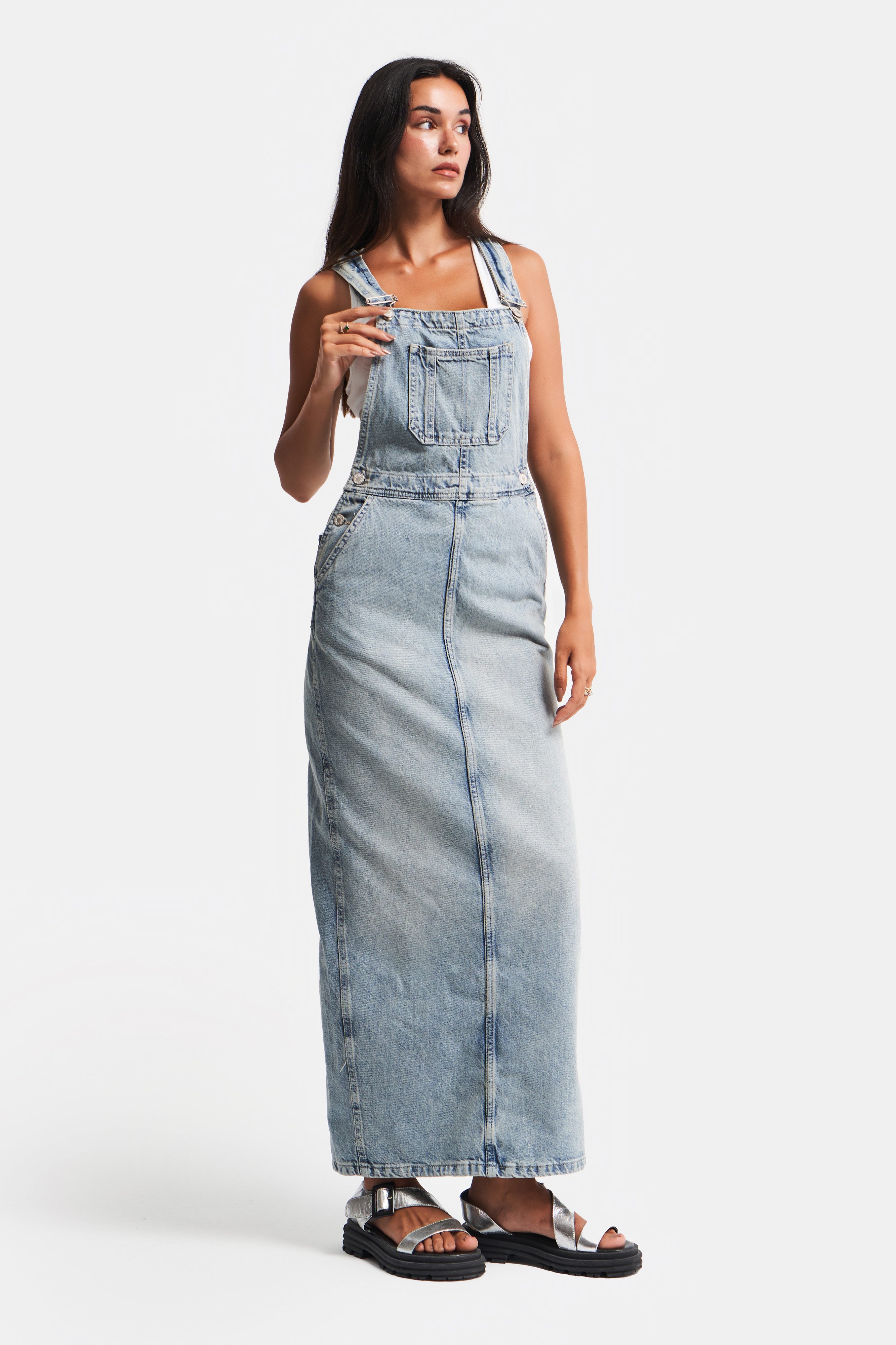 Women's Tint Denim Color Back Slit Maxi Length Denim Slopet Skirt