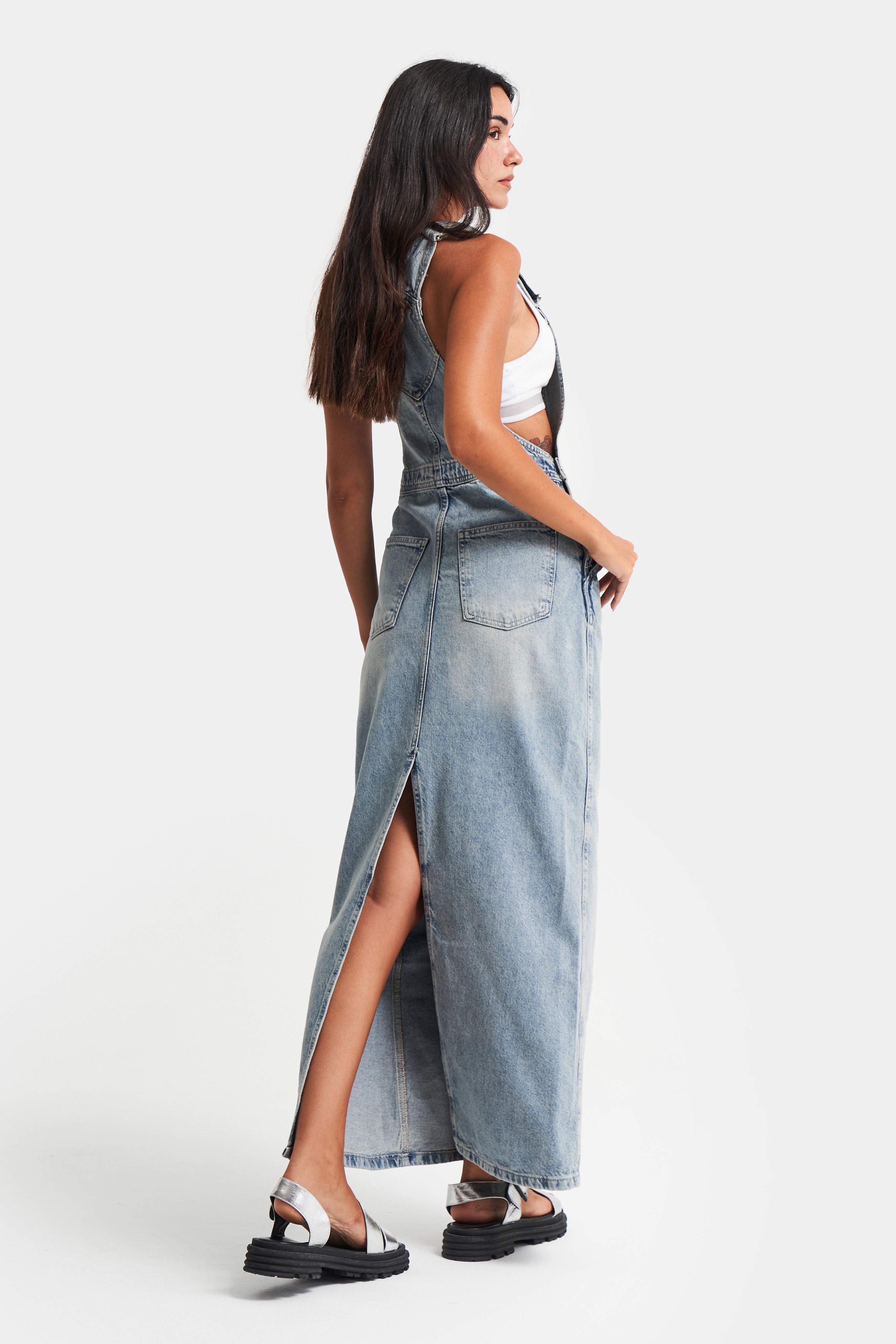 Women's Tint Denim Color Back Slit Maxi Length Denim Slopet Skirt