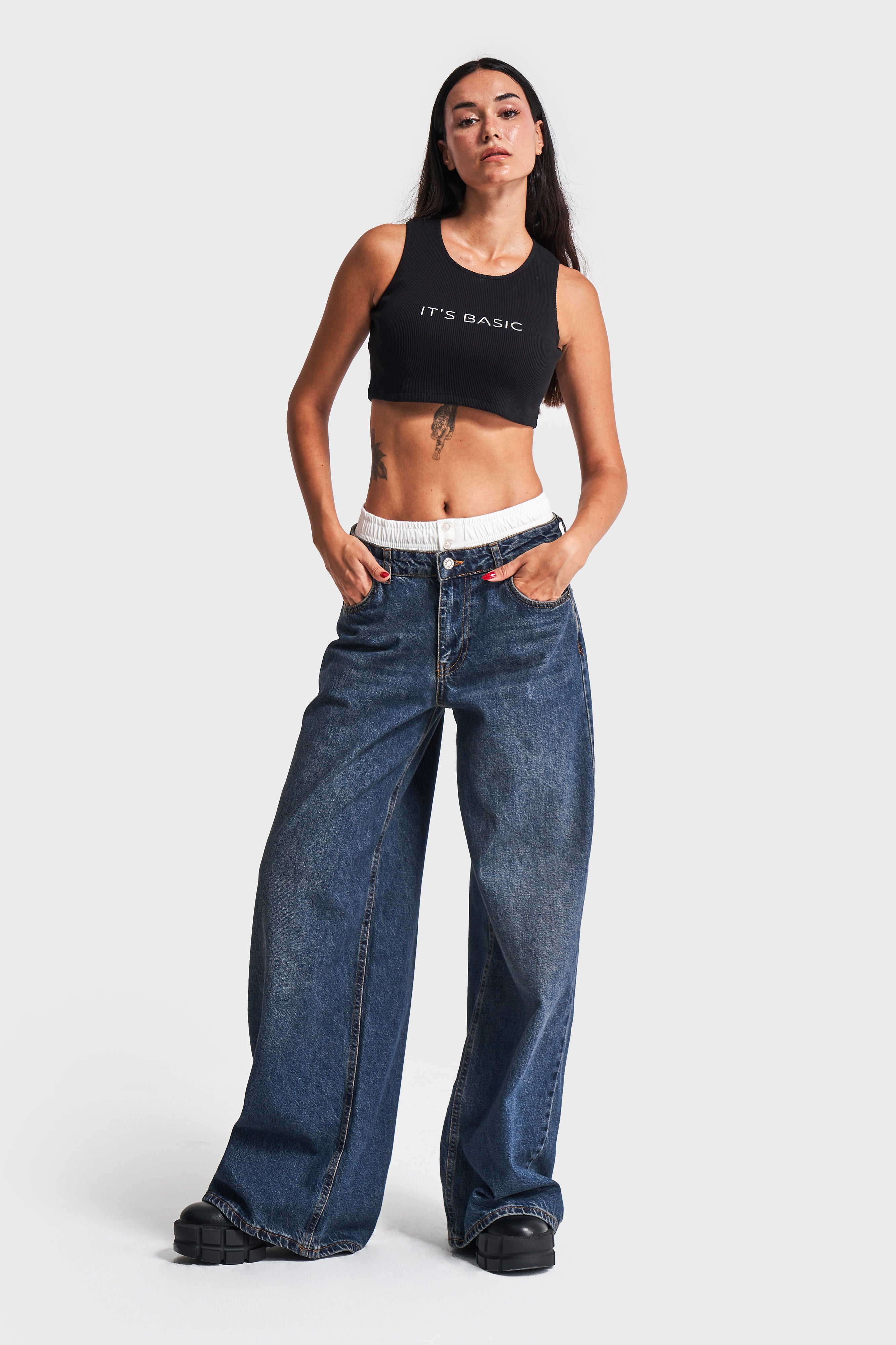 Women's Tint Denim Color Boxer Detailed Palazzo Fit Denim