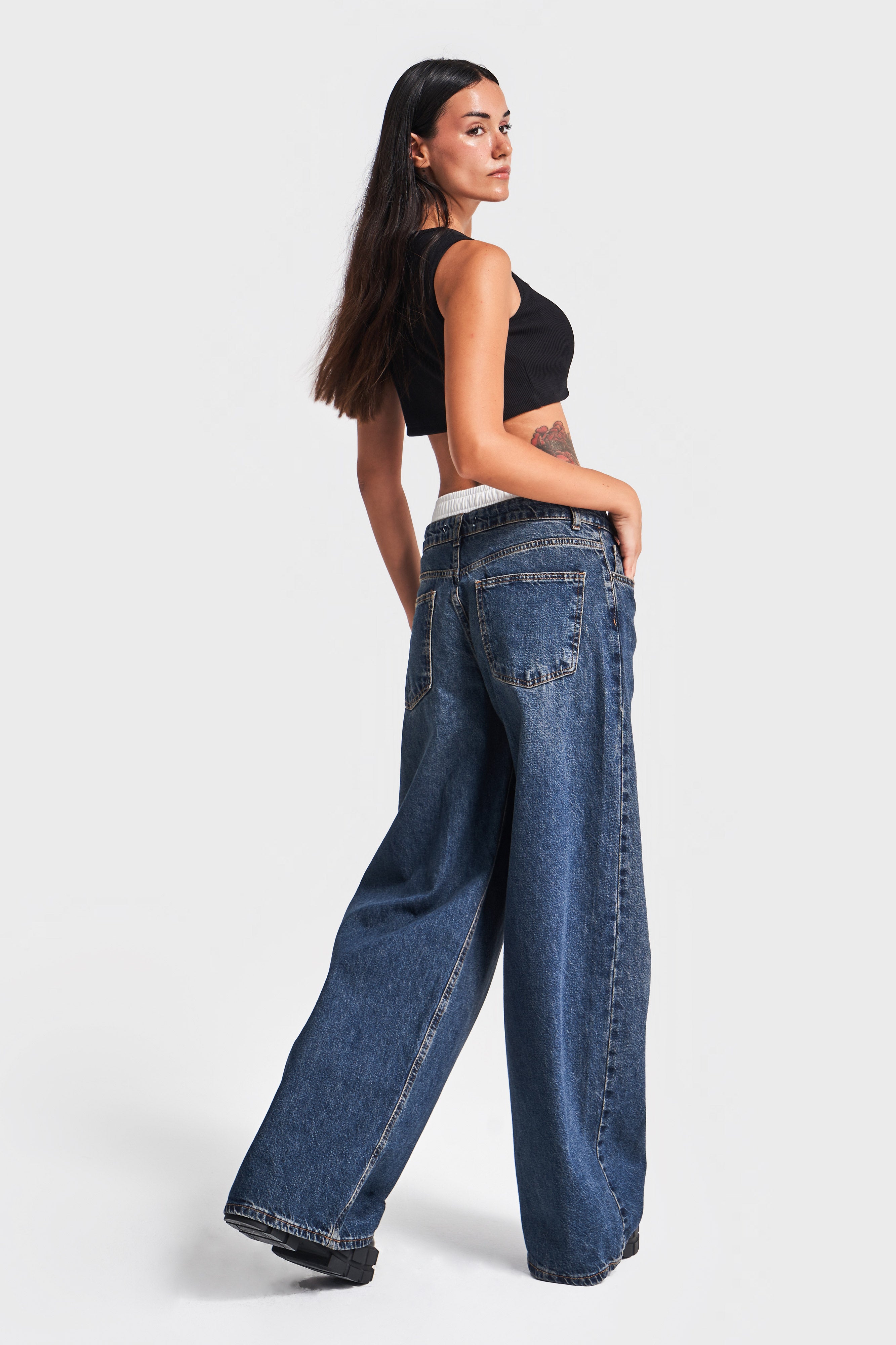 Women's Tint Denim Color Boxer Detailed Palazzo Fit Denim