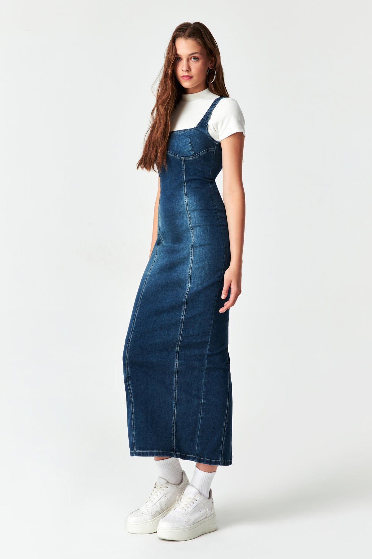 Women's Tint Denim Color Flexible Fabric Back Slit Long Denim Dress