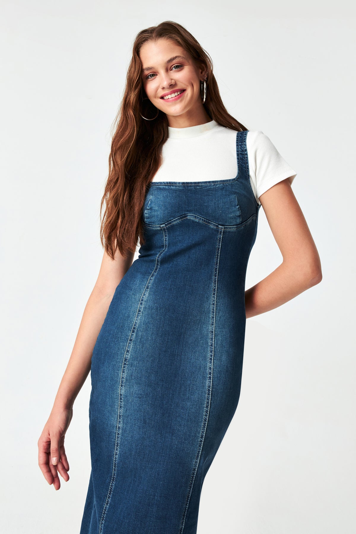 Women's Tint Denim Color Flexible Fabric Back Slit Long Denim Dress