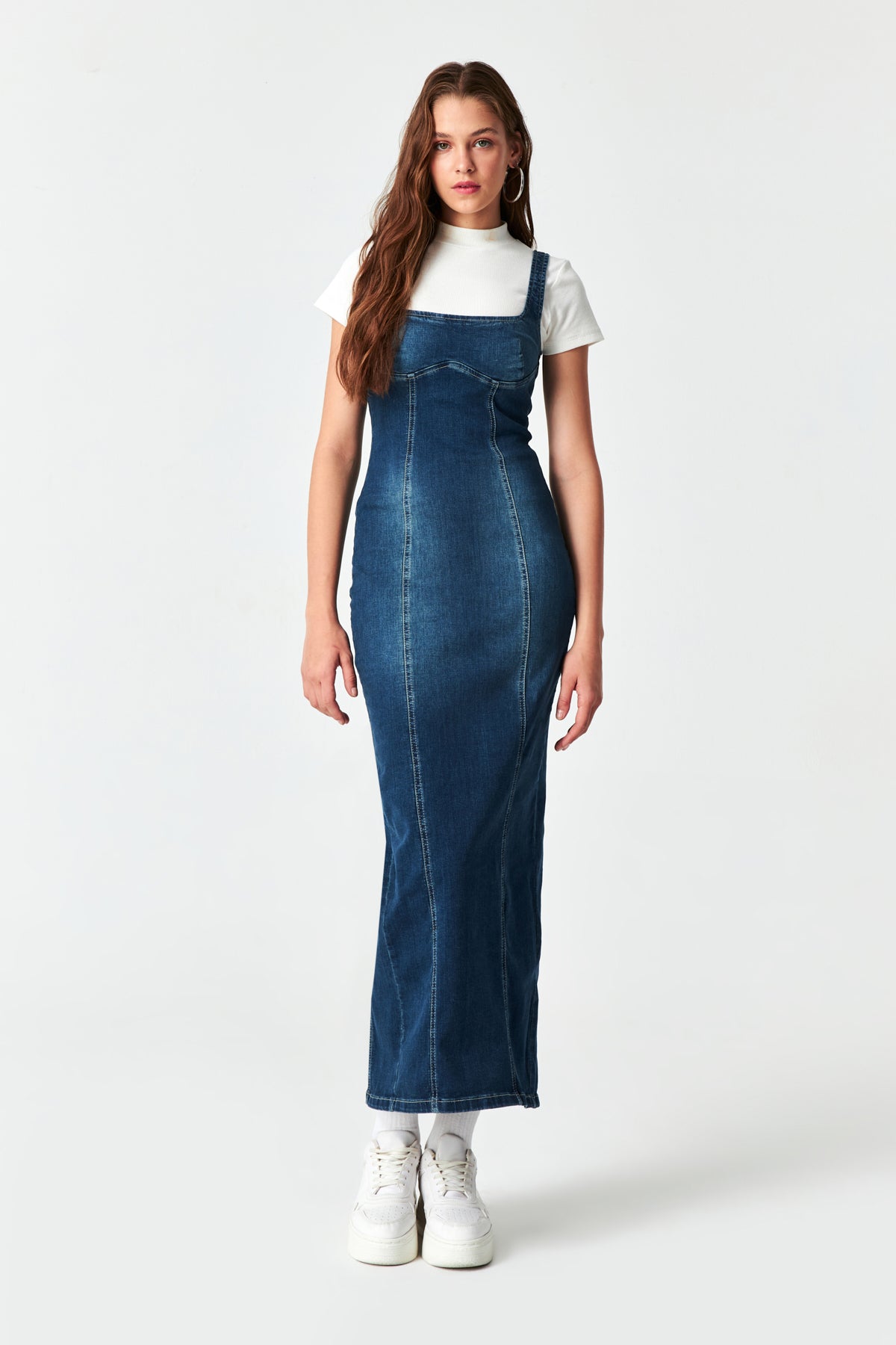 Women's Tint Denim Color Flexible Fabric Back Slit Long Denim Dress