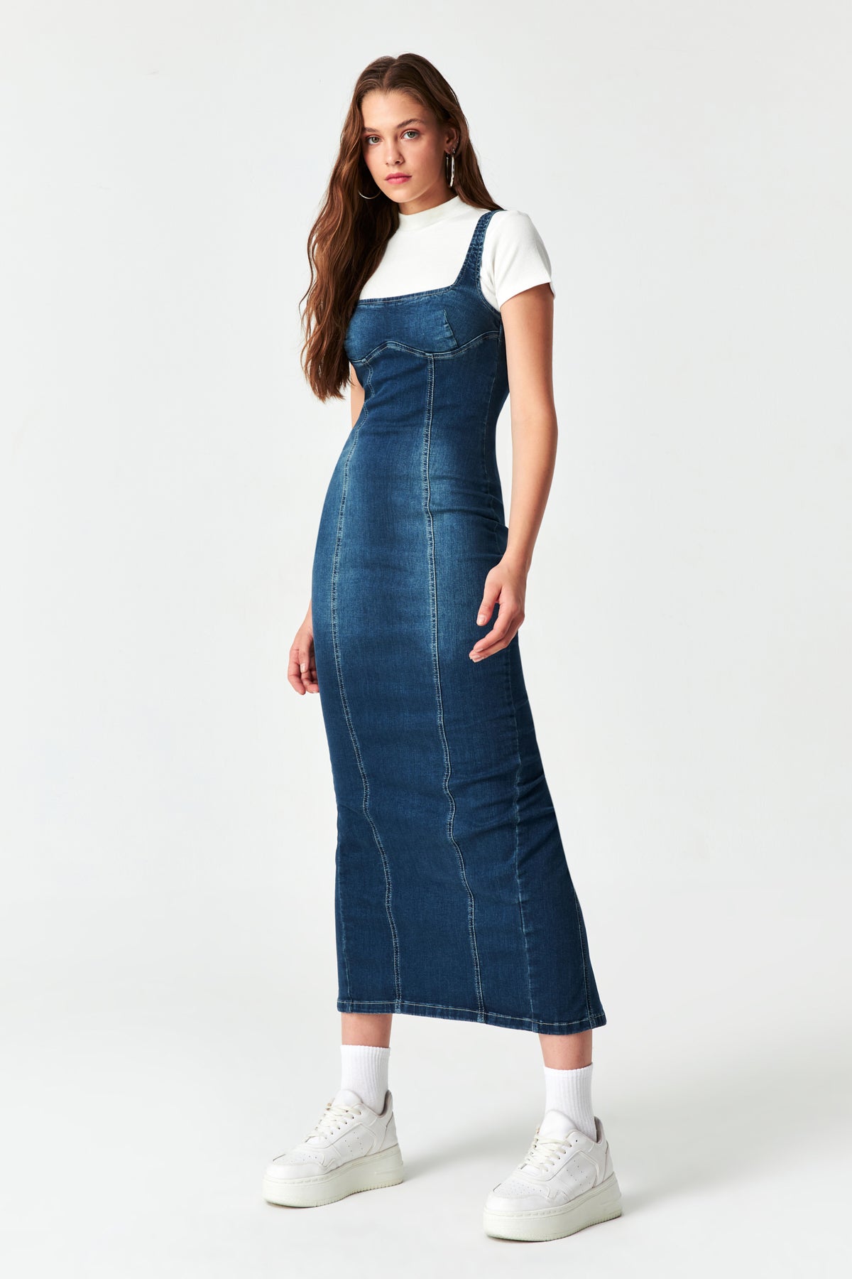 Women's Tint Denim Color Flexible Fabric Back Slit Long Denim Dress