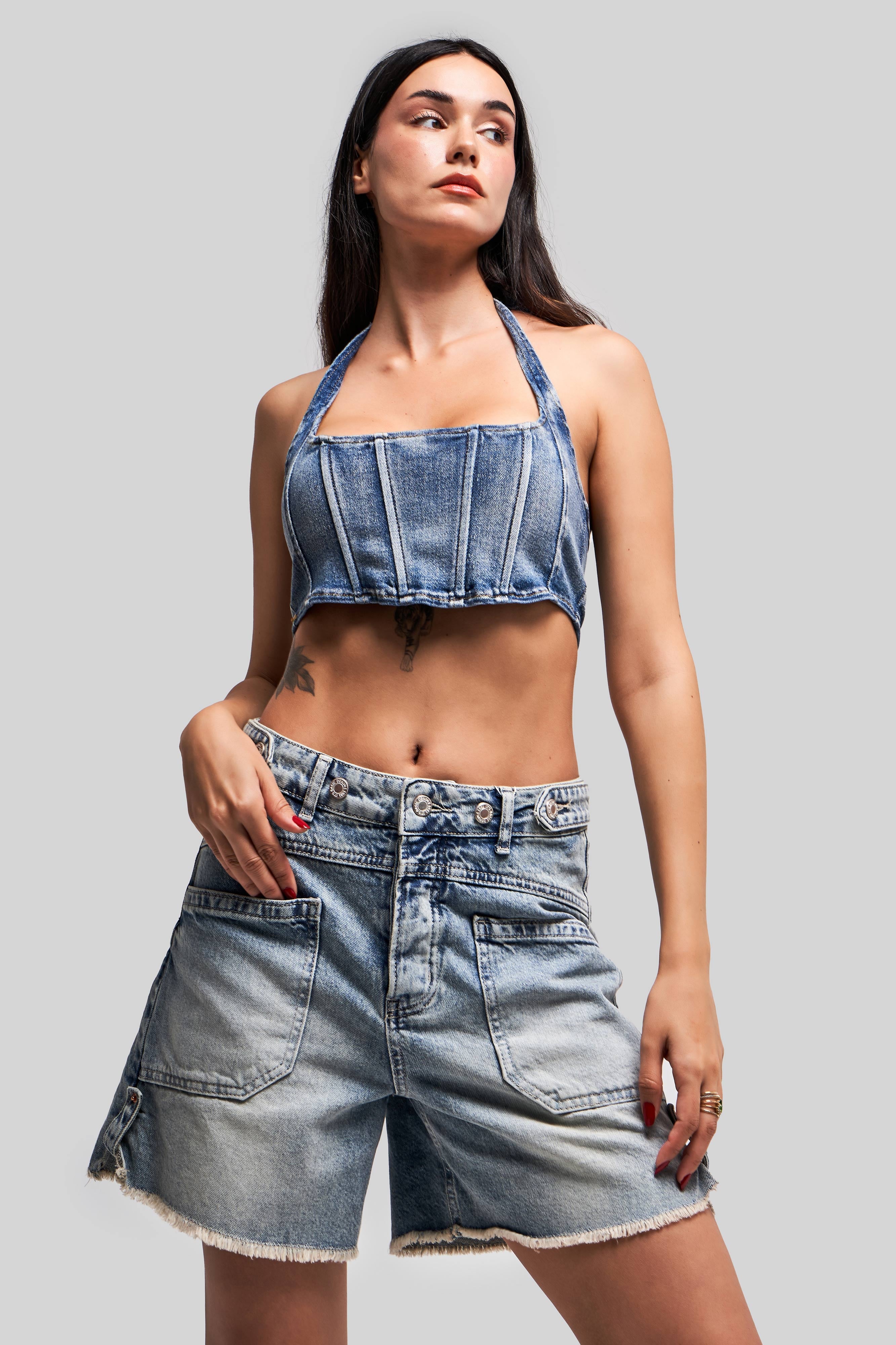 Women's Tint Denim Color Belt Detailed Front Pocket Denim Shorts