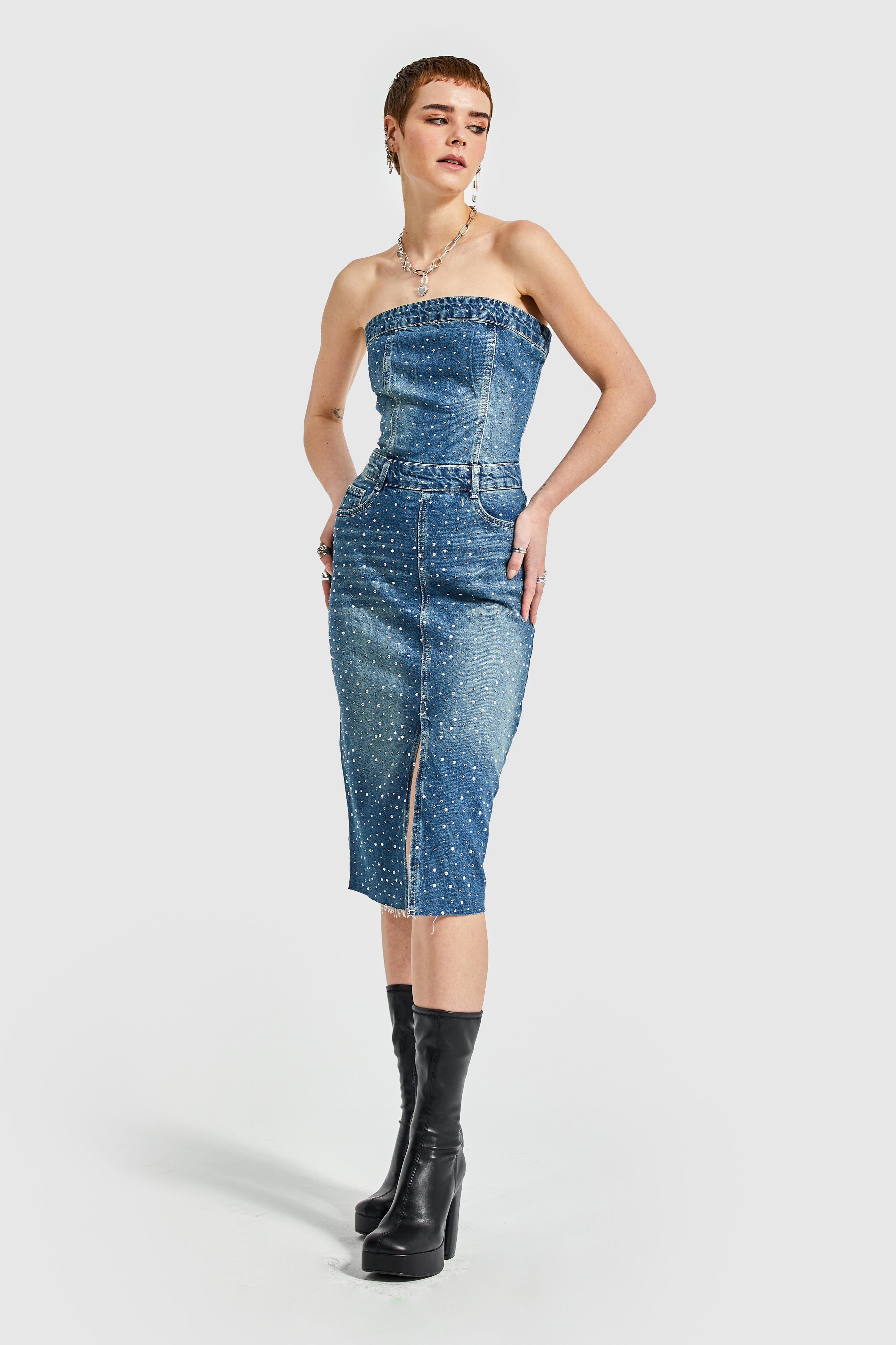 Women's Tint Jeans Color Lycra Shiny Stone Strapless Denim Dress