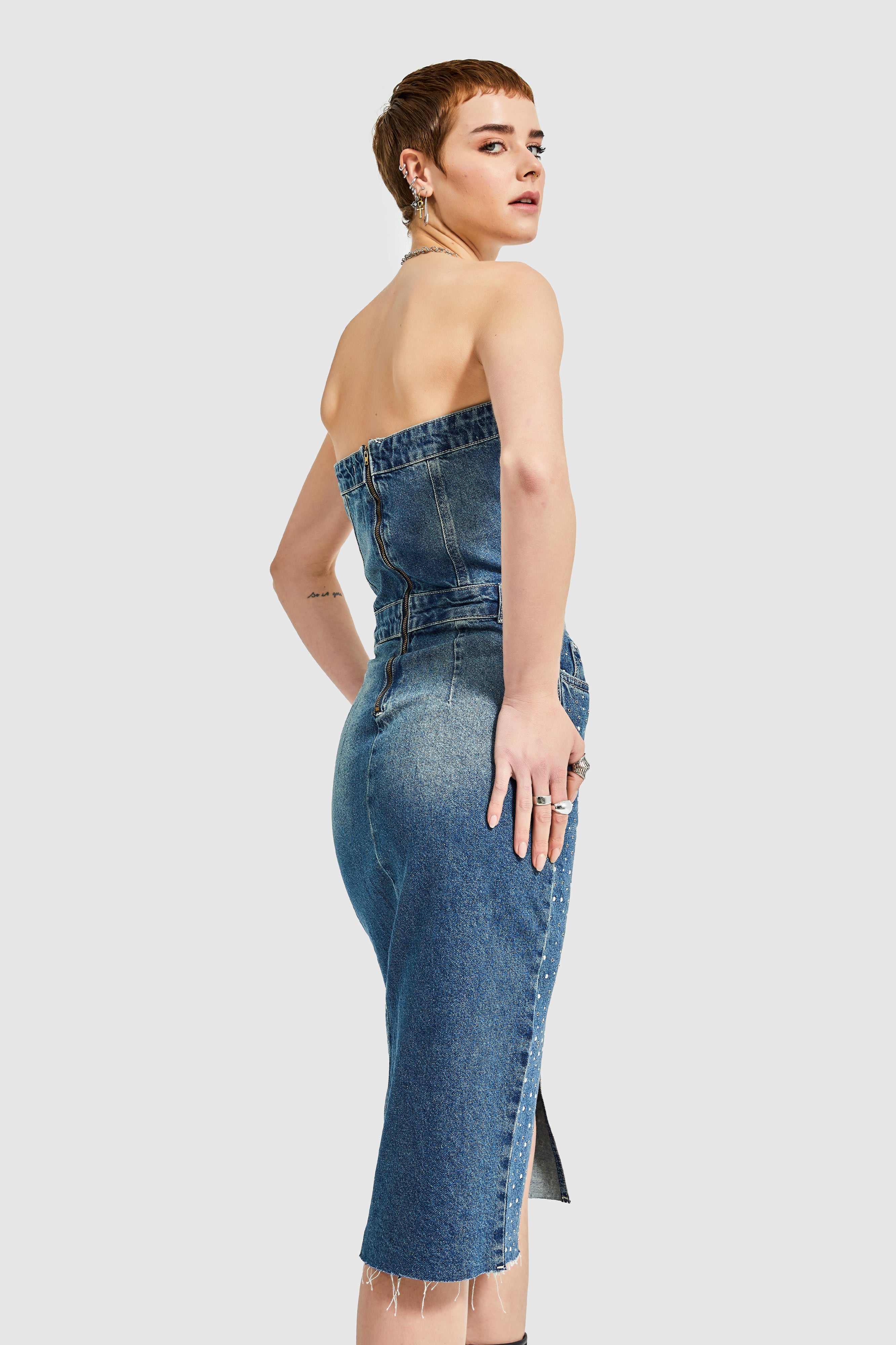 Women's Tint Jeans Color Lycra Shiny Stone Strapless Denim Dress