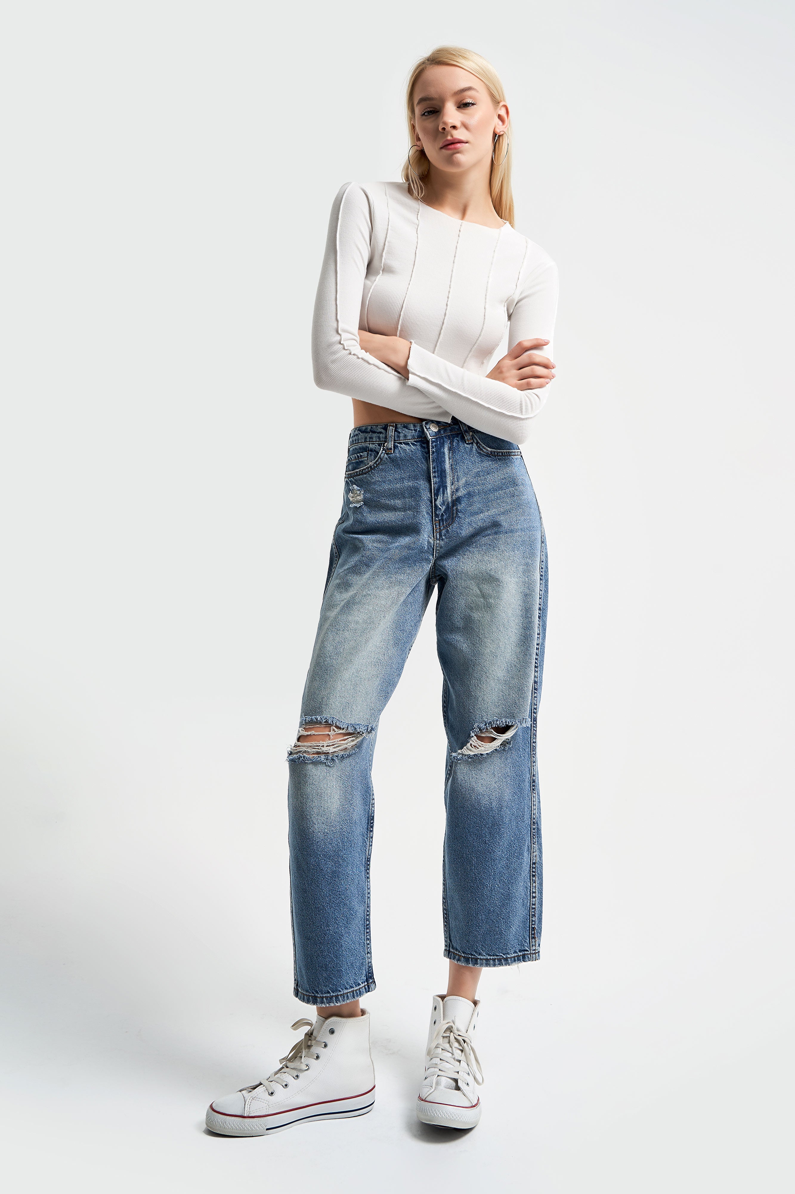 Women's Tint Jeans Color Relax Fit Ripped Denim From The Knee