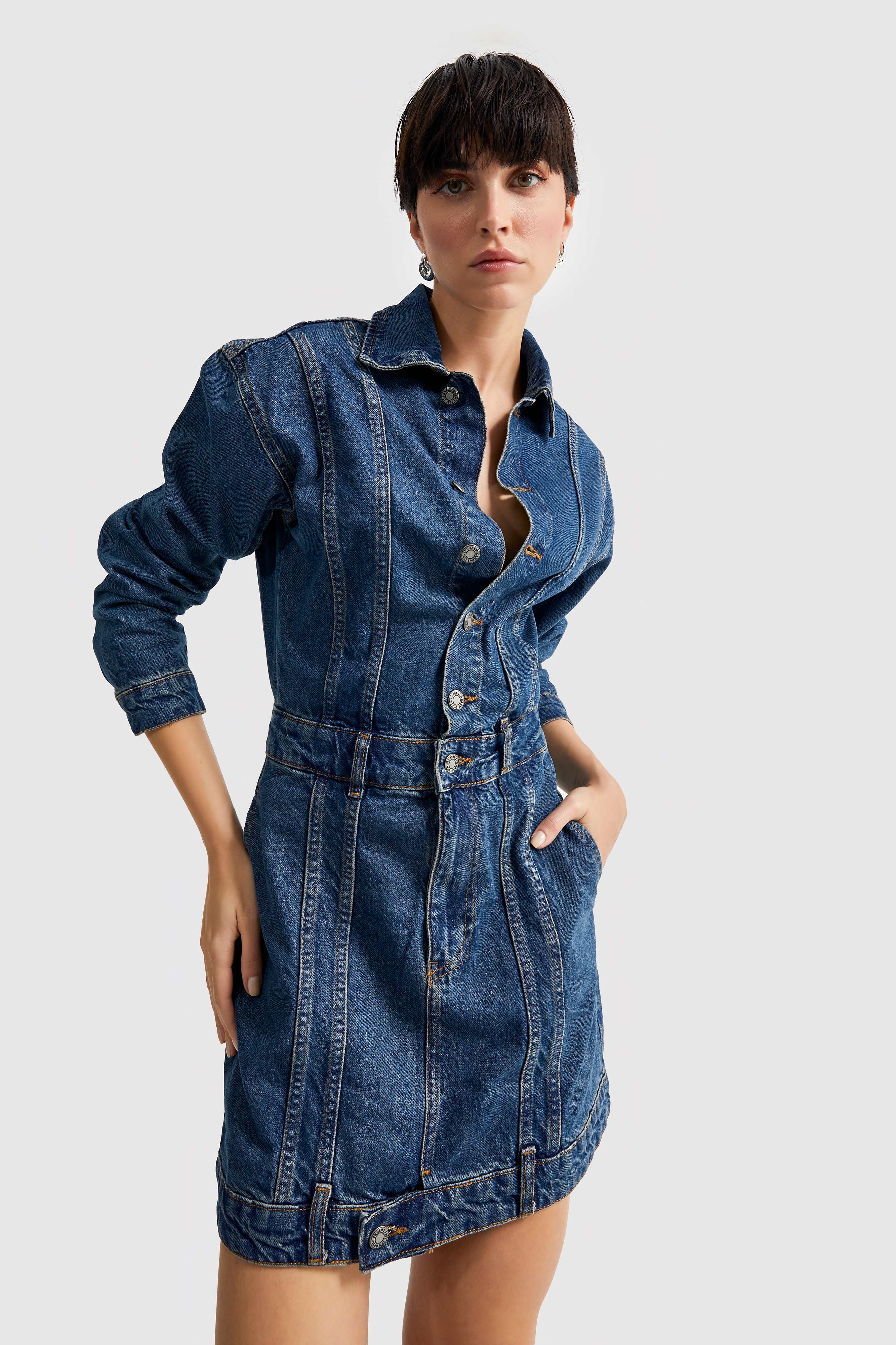 Women's Tint Denim Color Color Front Button Denim Mini Dress