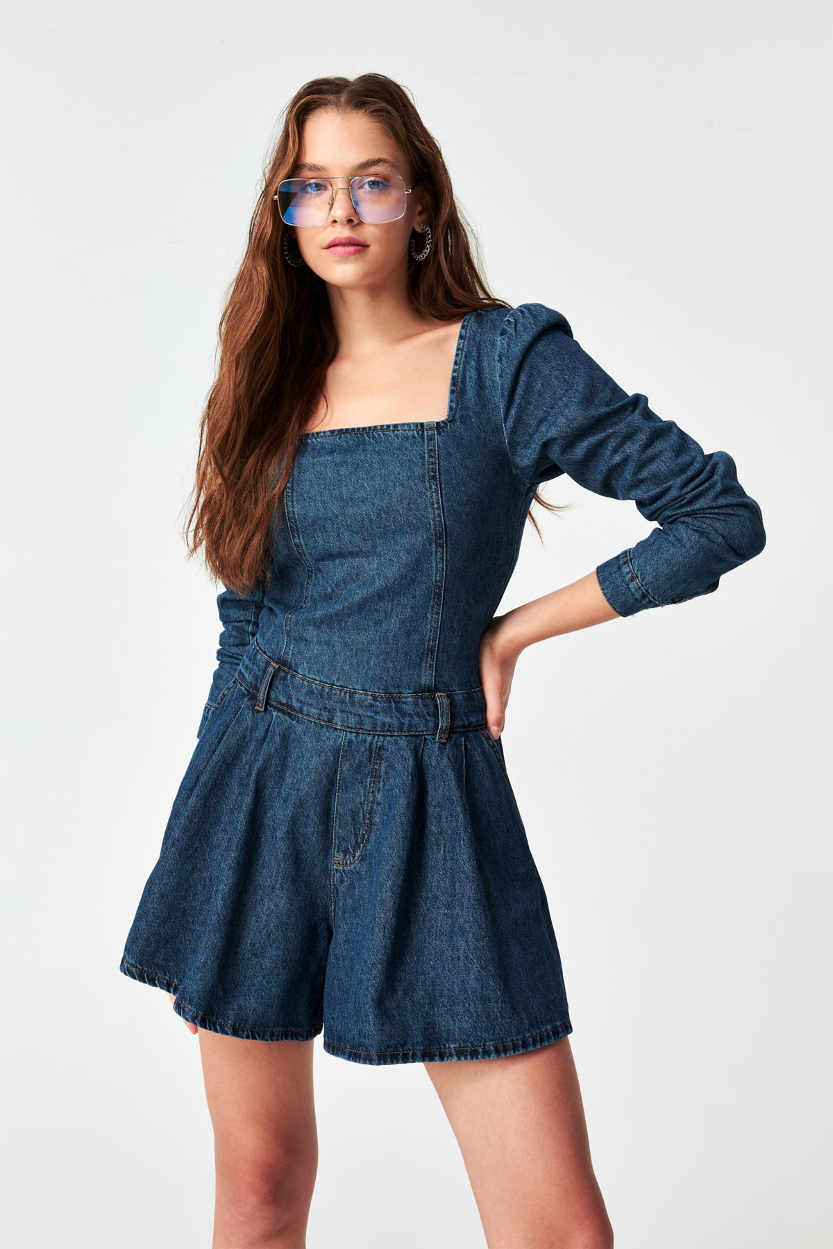 Women's Tint Jeans Color Long Sleeve Denim Shorts Overalls