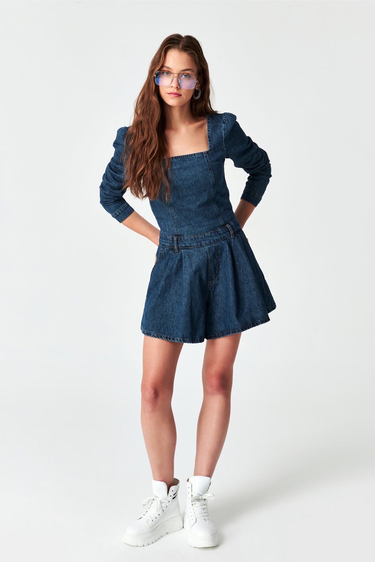 Women's Tint Jeans Color Long Sleeve Denim Shorts Overalls