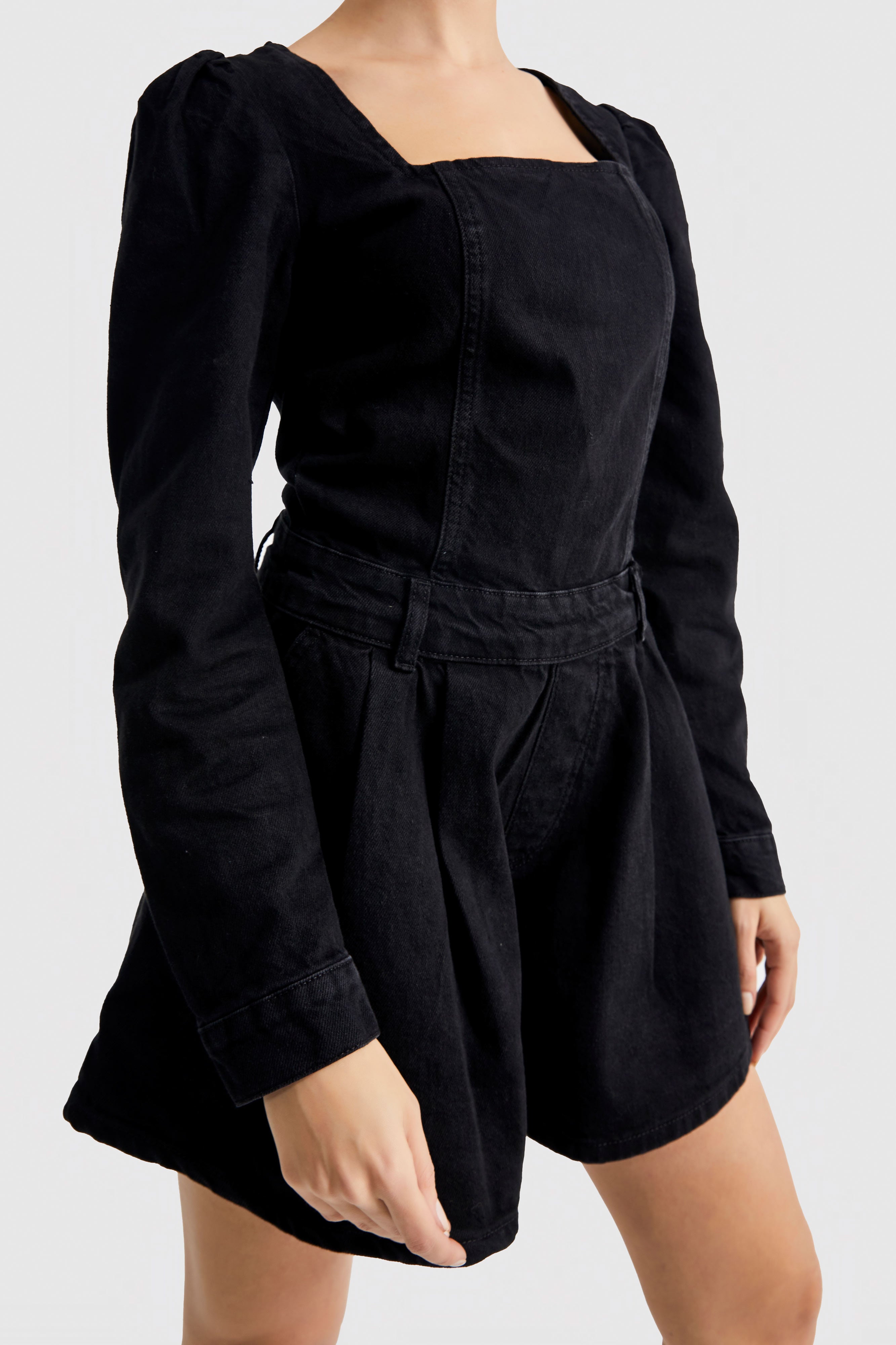 Women's Black Black Od Color Long Sleeve Denim Shorts Overalls