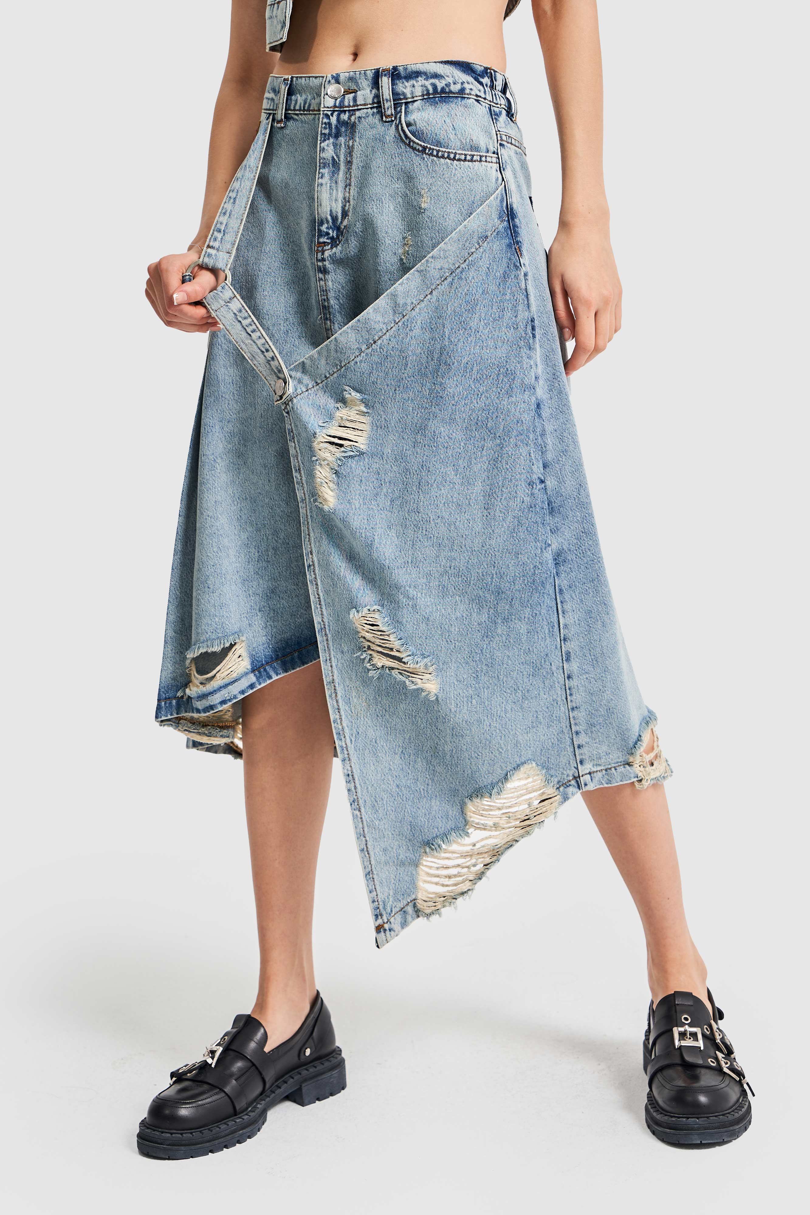 Women's Tint Denim Color Ripped Detailed Design A Form Denim Skirt