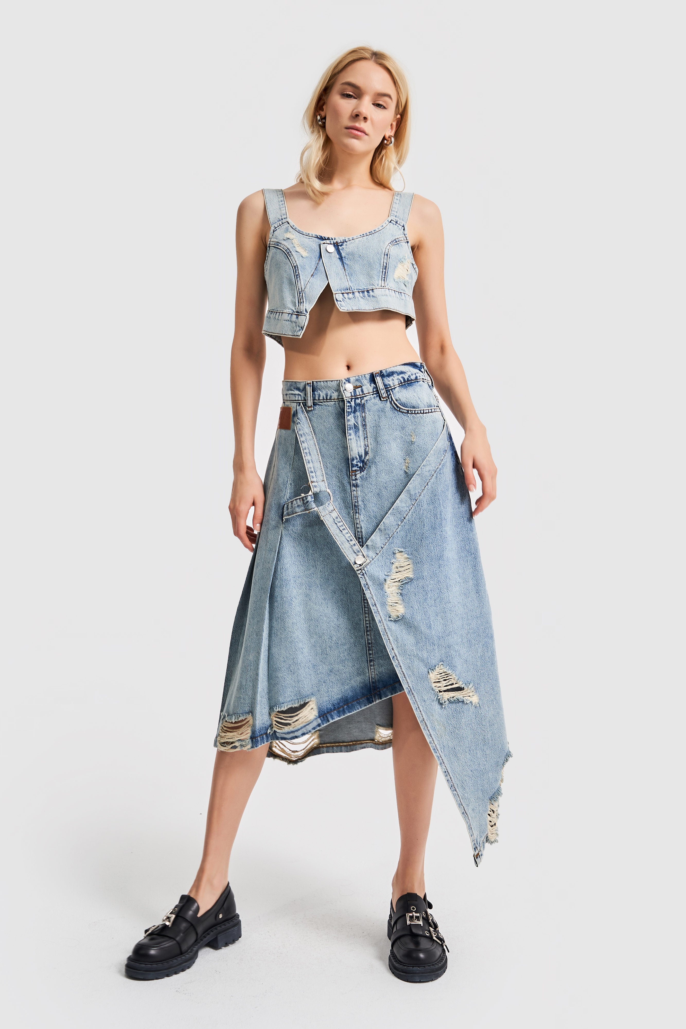 Women's Tint Denim Color Ripped Detailed Design A Form Denim Skirt