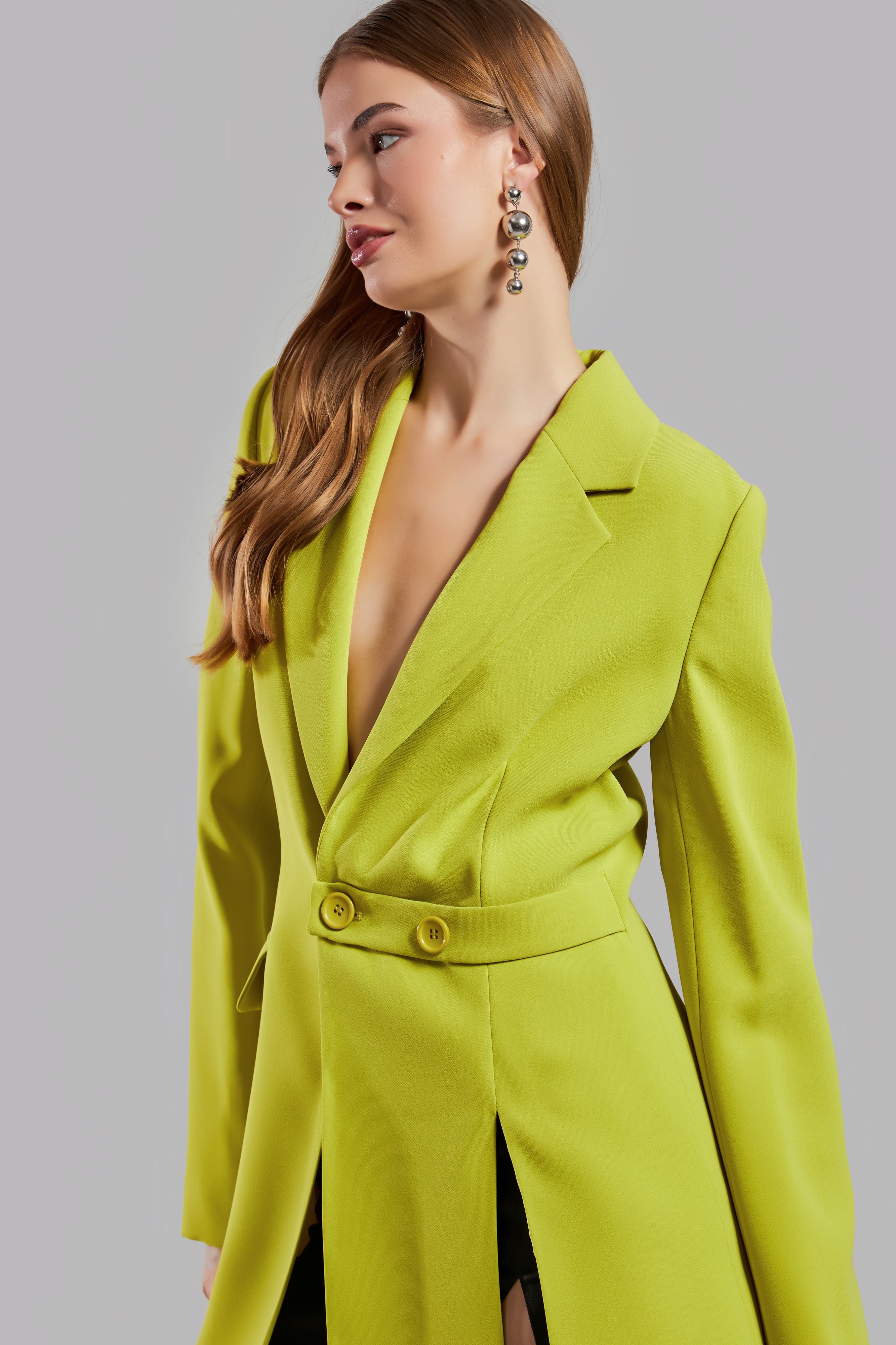 Women's Oil Green Color Long Sleeve Slit Lined Design Jacket Dress