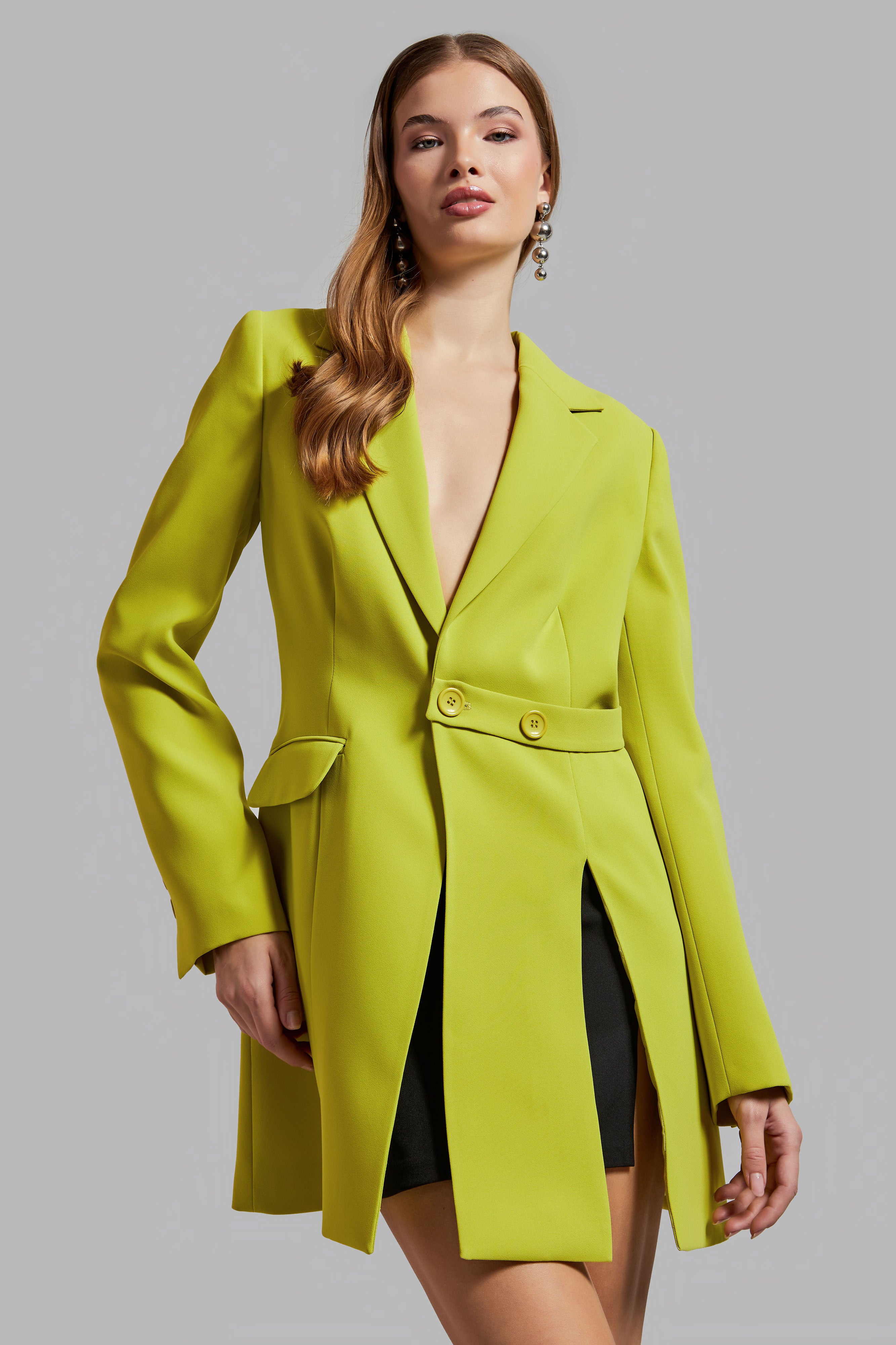 Women's Oil Green Color Long Sleeve Slit Lined Design Jacket Dress